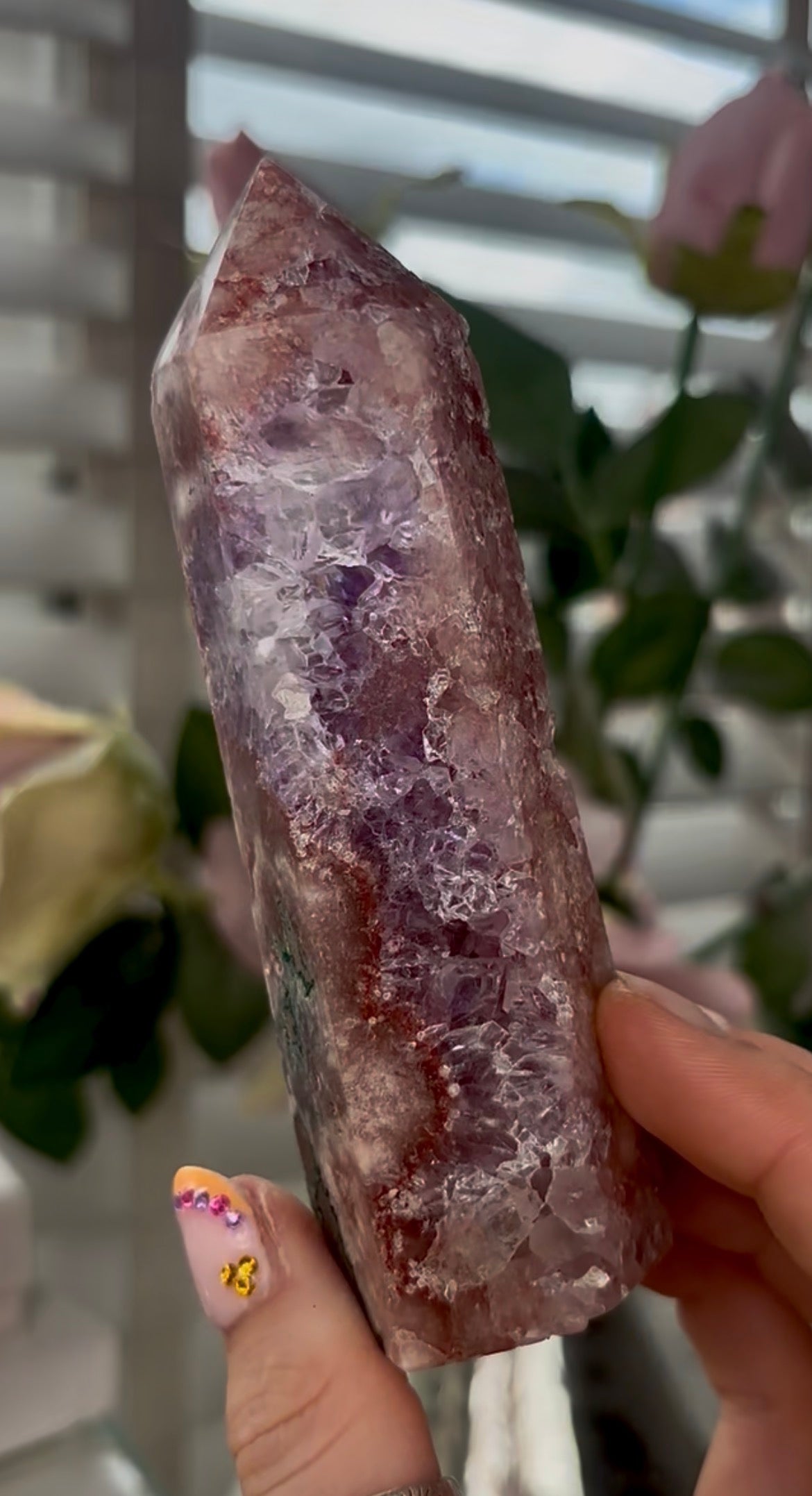 Pretty, Pink amethyst tower with quartz & Green jasper