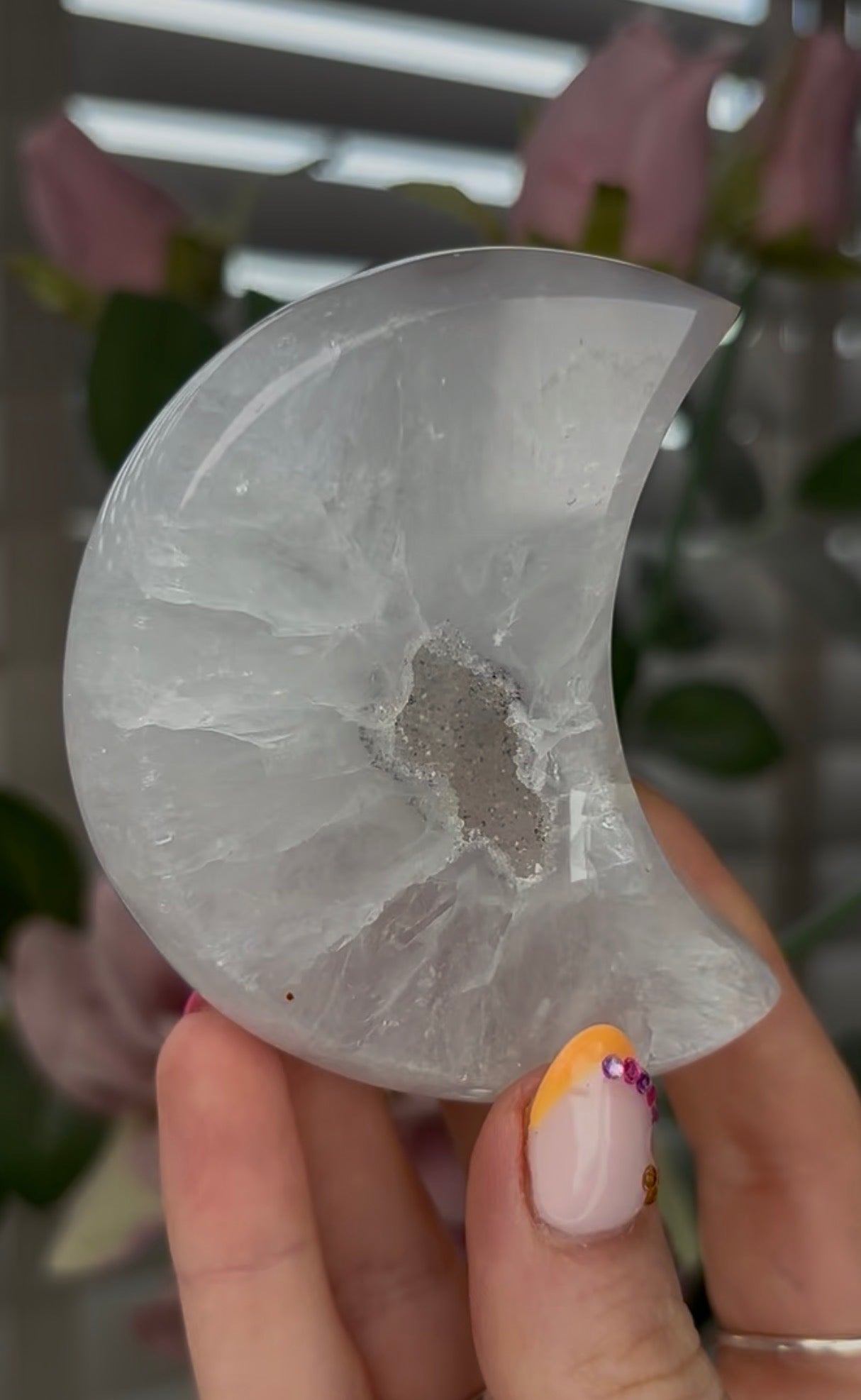 Beautiful, high grade, agate moon with druzy - comes with stand