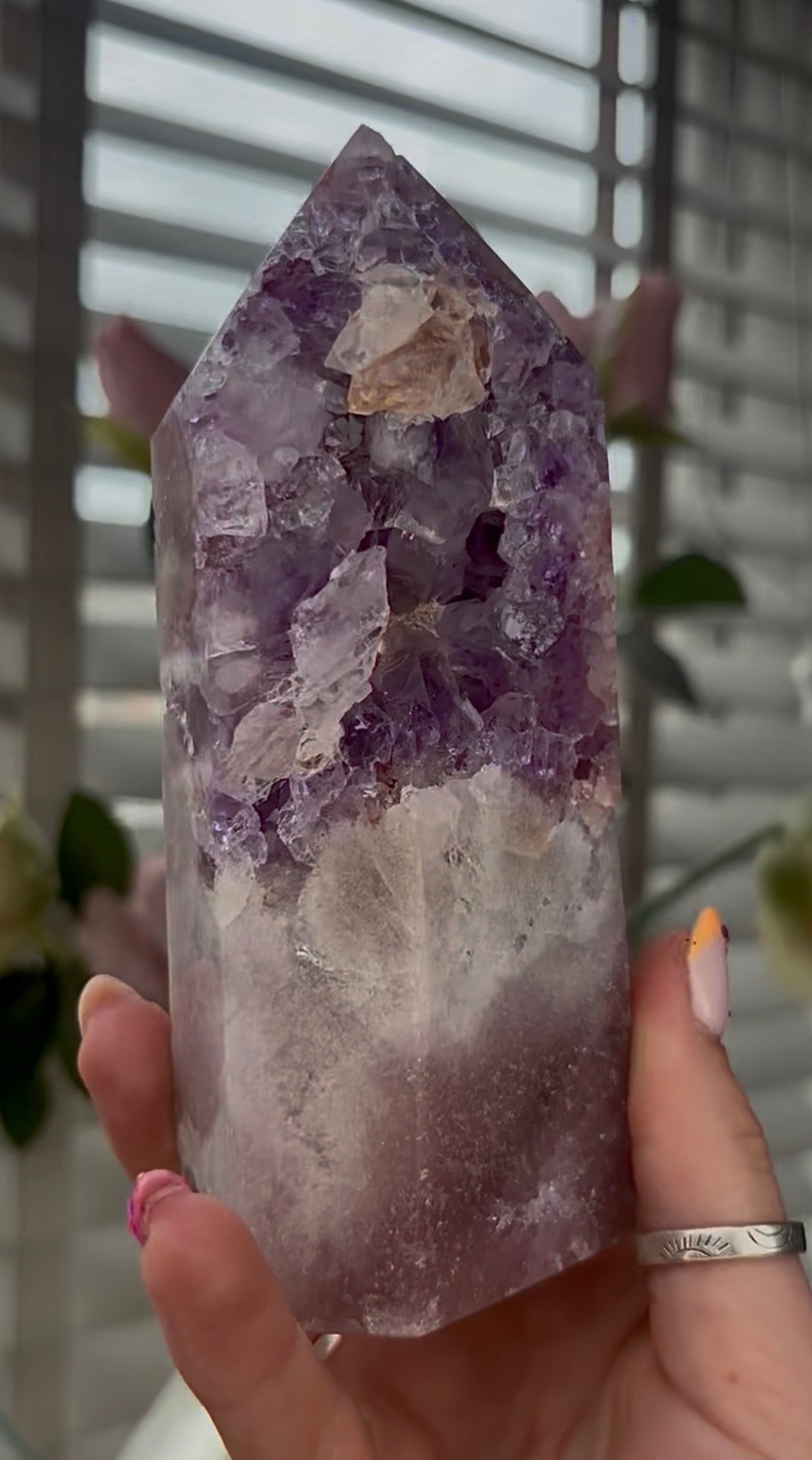 High quality, Pink amethyst tower, with purple quartz druzy