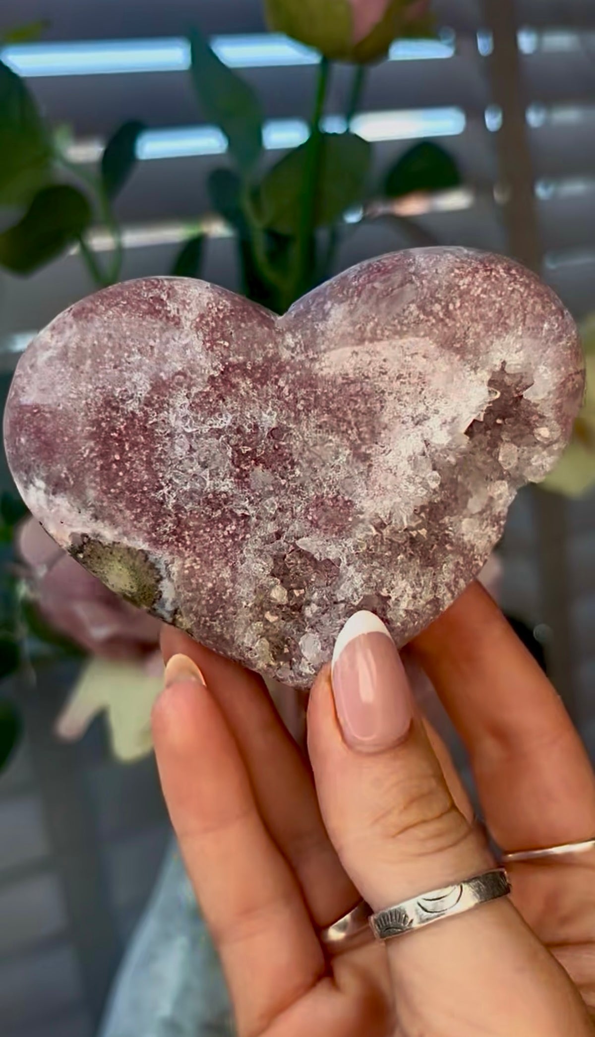 Gorgeous, pink amethyst heart - comes with stand