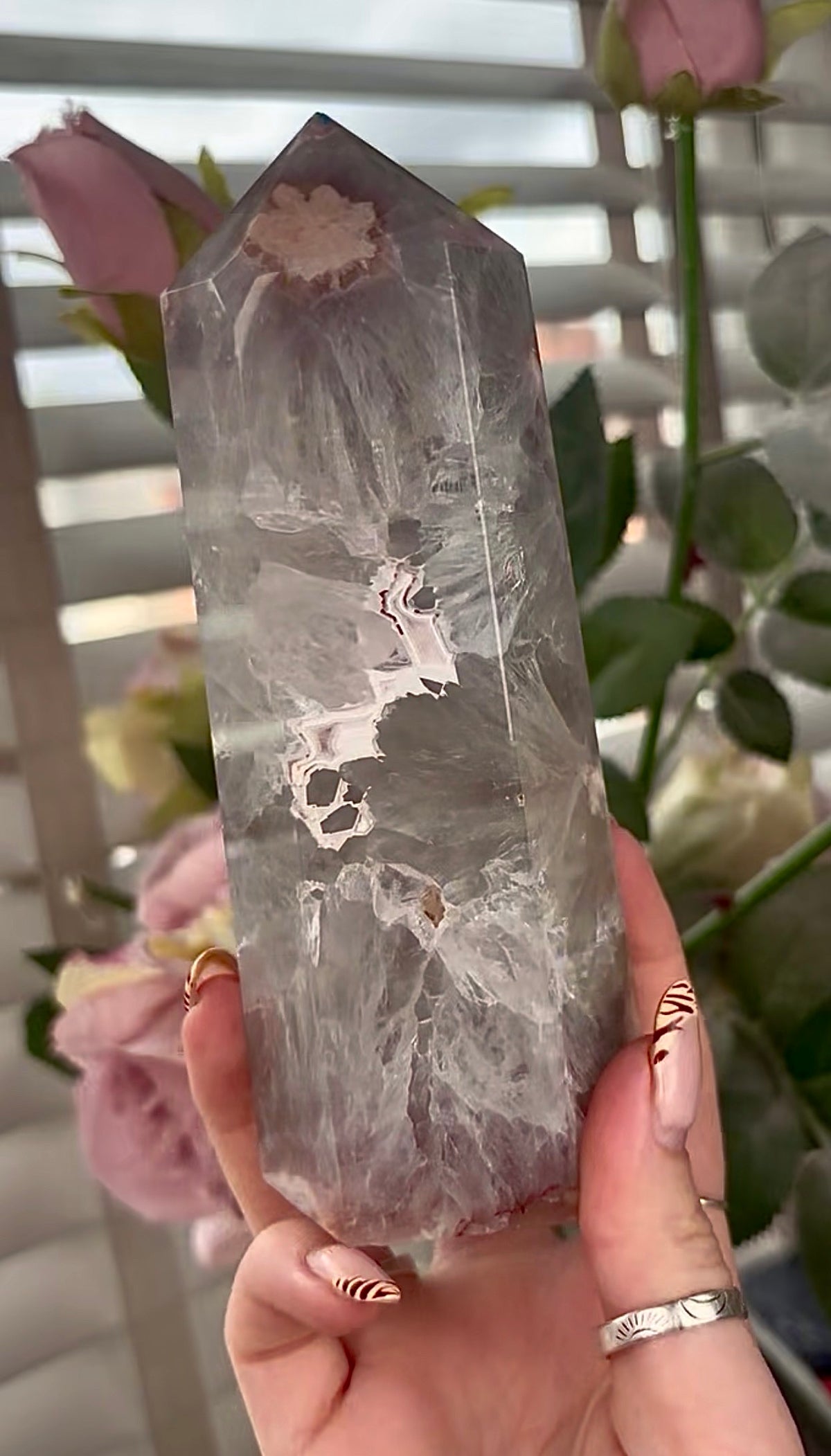 Stunning!! Super high quality, Druzy, green chlorite x blue flower agate tower