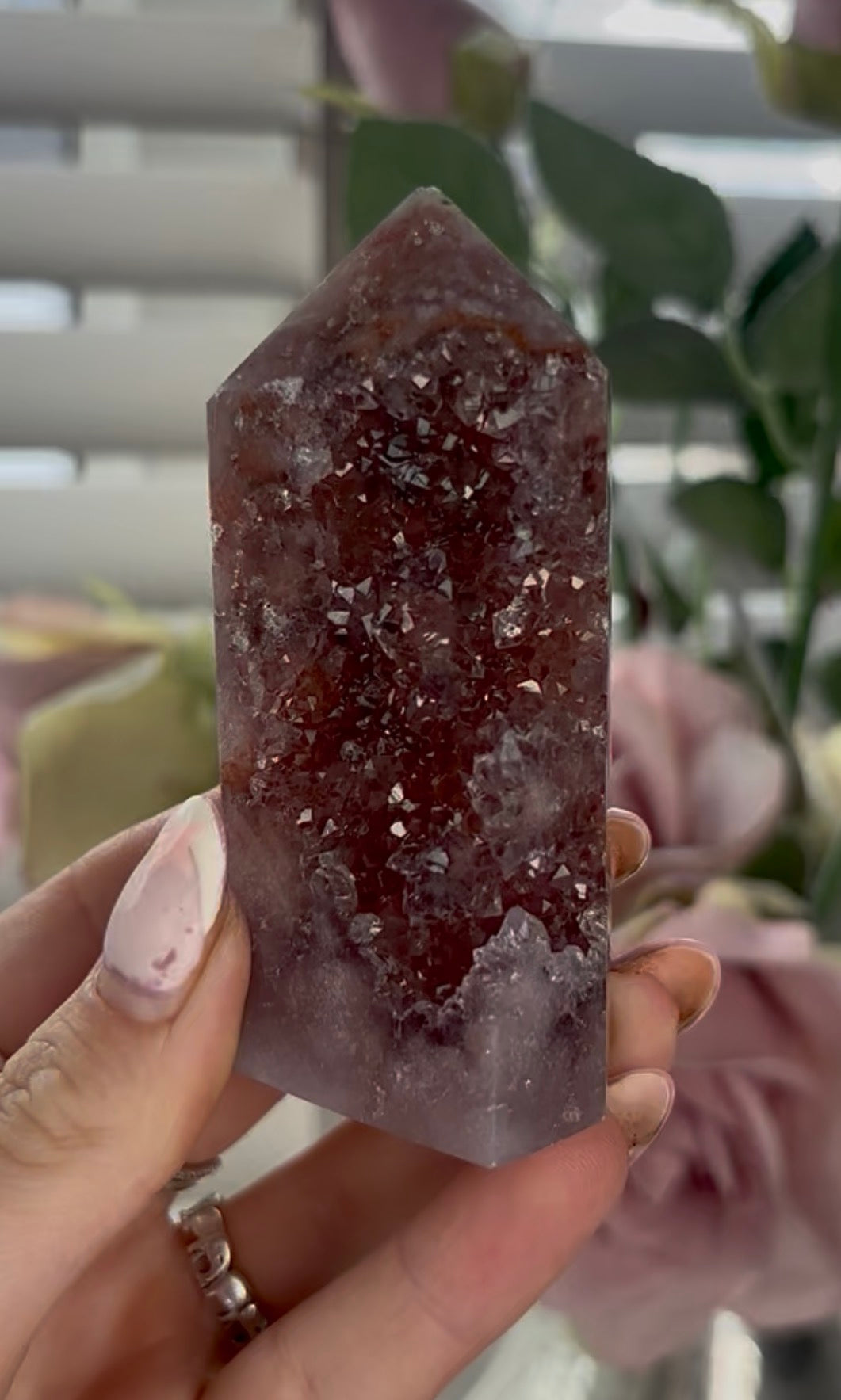 Beautiful, high quality, Pink amethyst tower in berry tones with sugar druzy