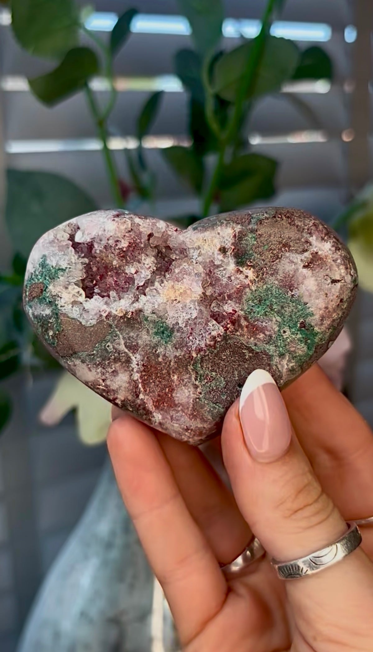 Gorgeous, pink amethyst heart with Jasper - comes with stand