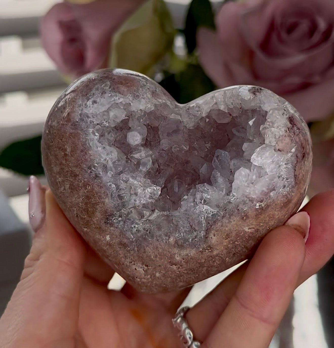 Hq pink amethyst heart with druzy - comes with stand