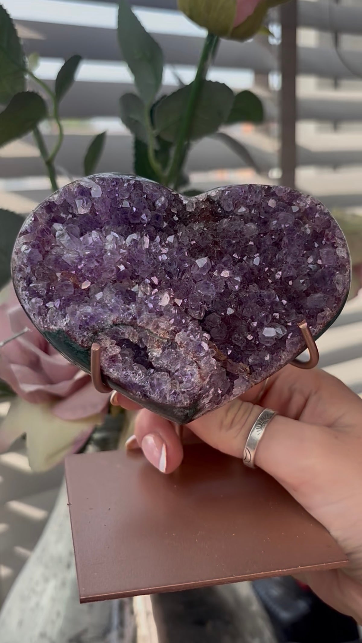 Gorgeous, high quality, pink amethyst heart with Jasper - comes with stand