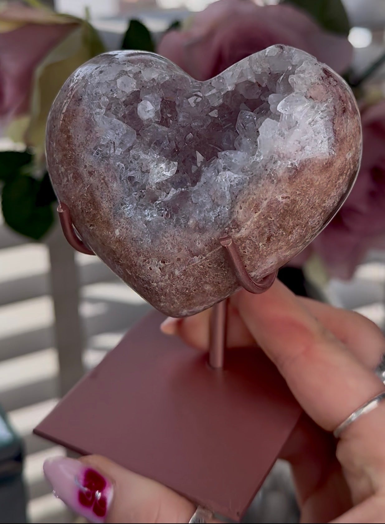 Hq pink amethyst heart with druzy - comes with stand