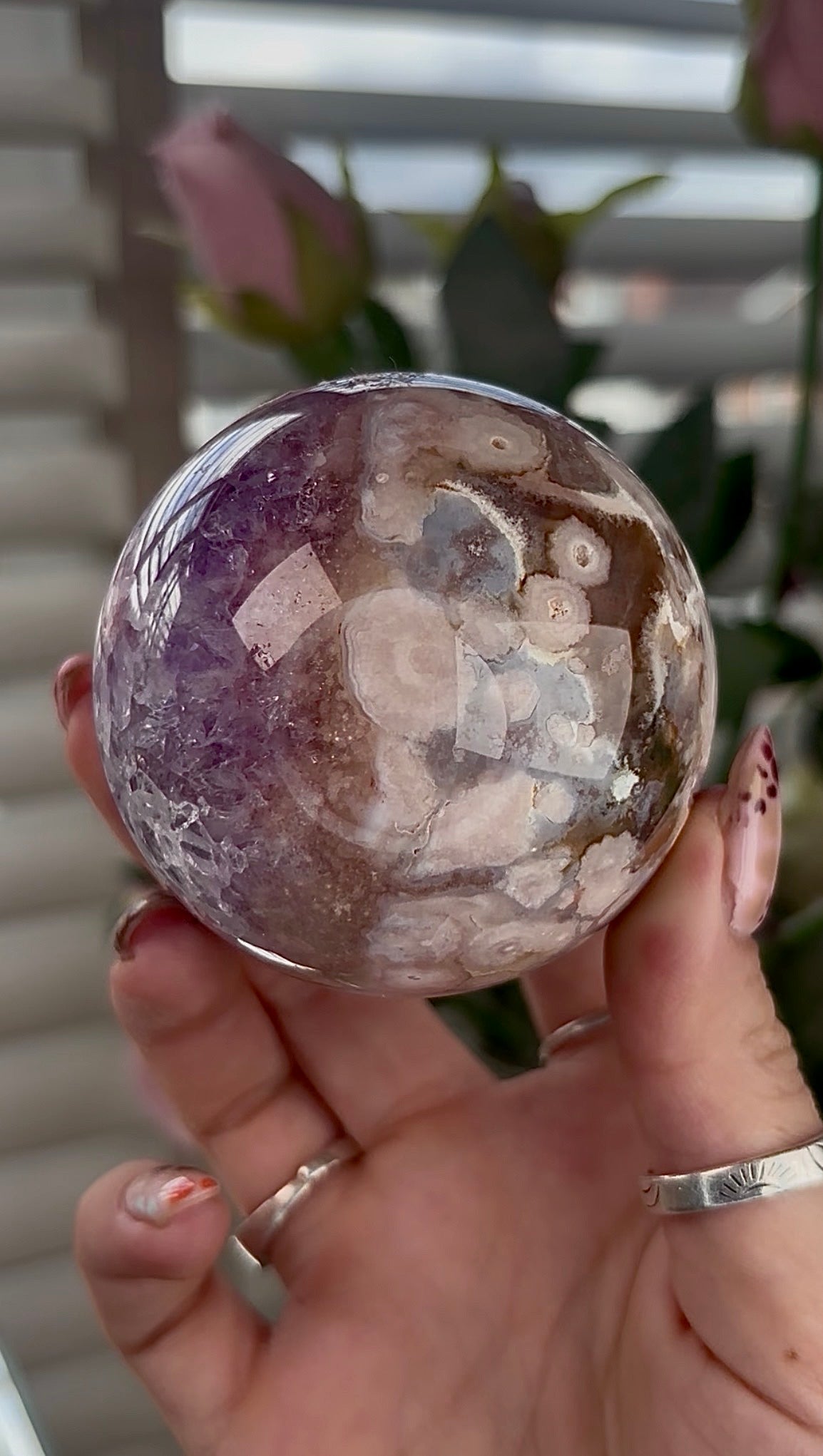 High grade, amethyst Flower agate sphere with high clarity quartz