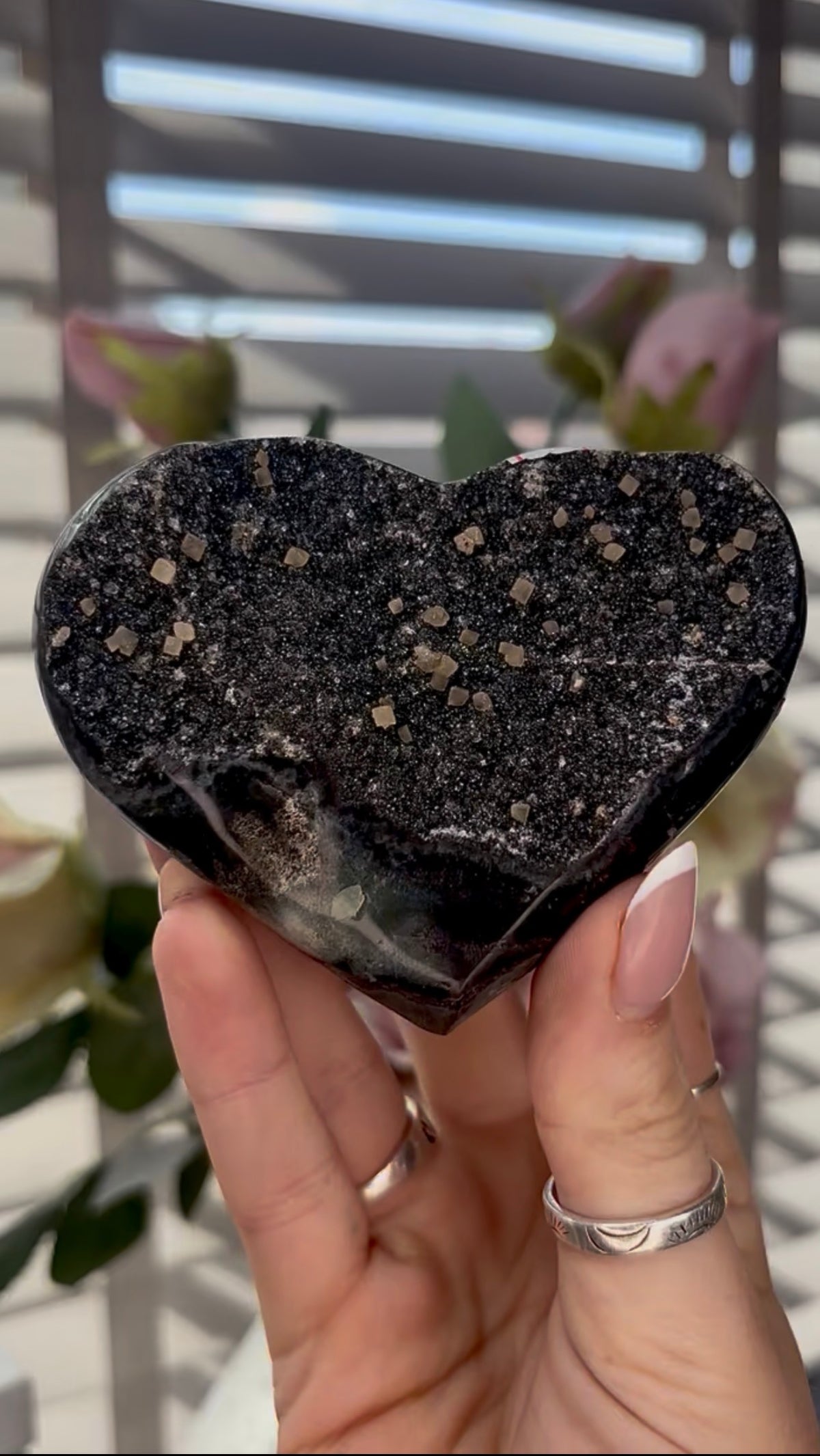 Black Uruguay amethyst heart with calcite - comes with stand
