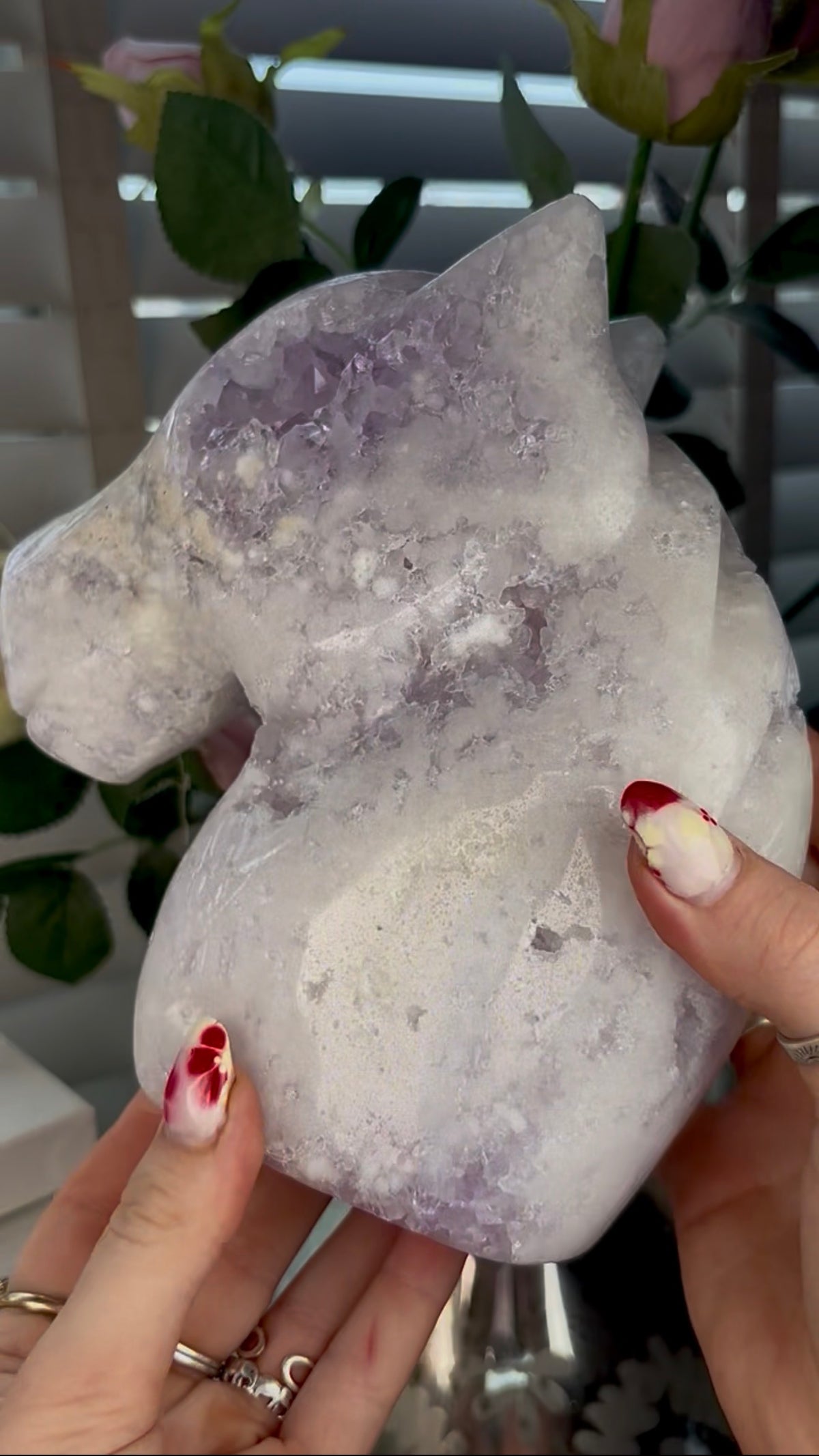 High grade, large, pink amethyst horse carving