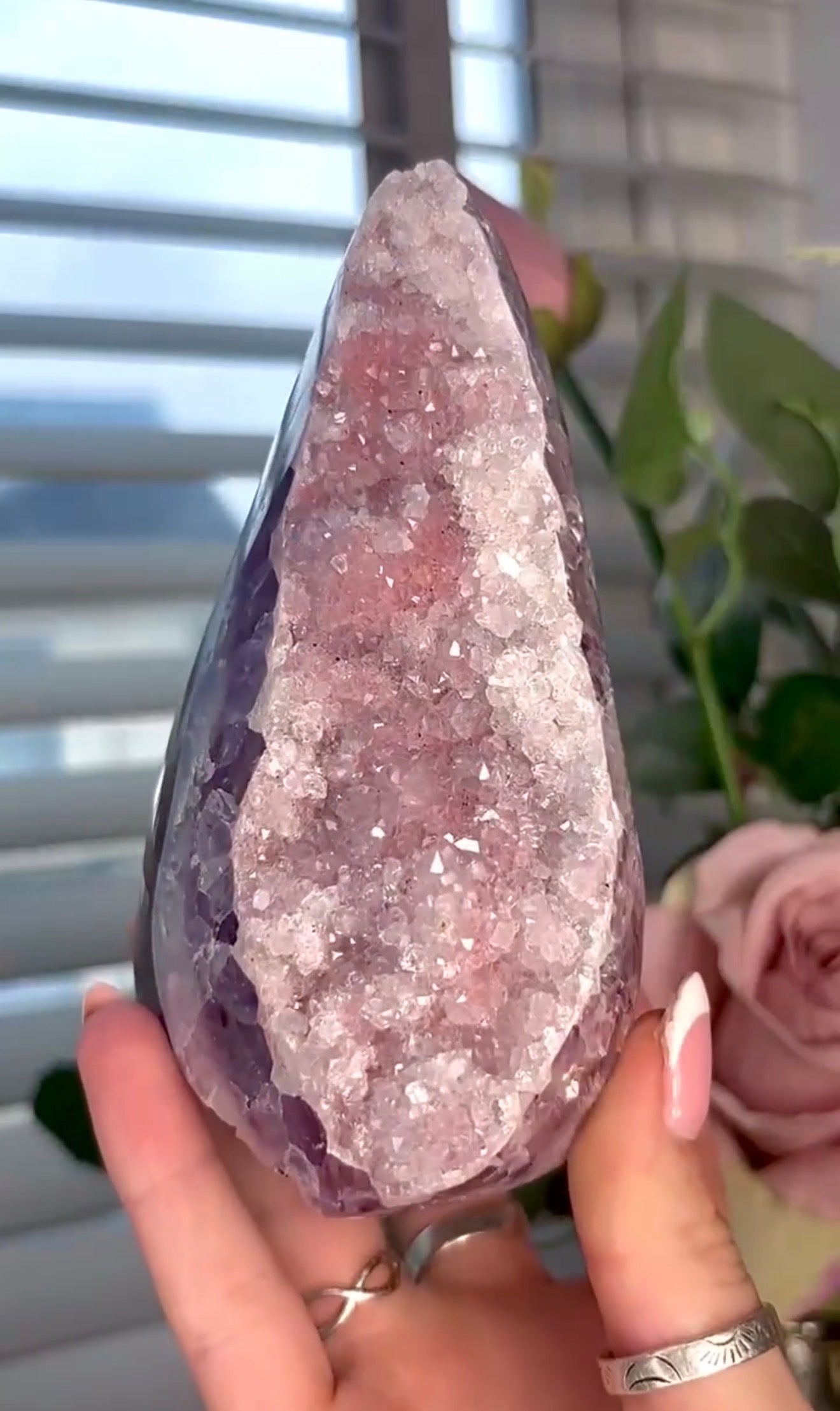 High quality, pink toned, rainbow amethyst on purple agate, cutbase