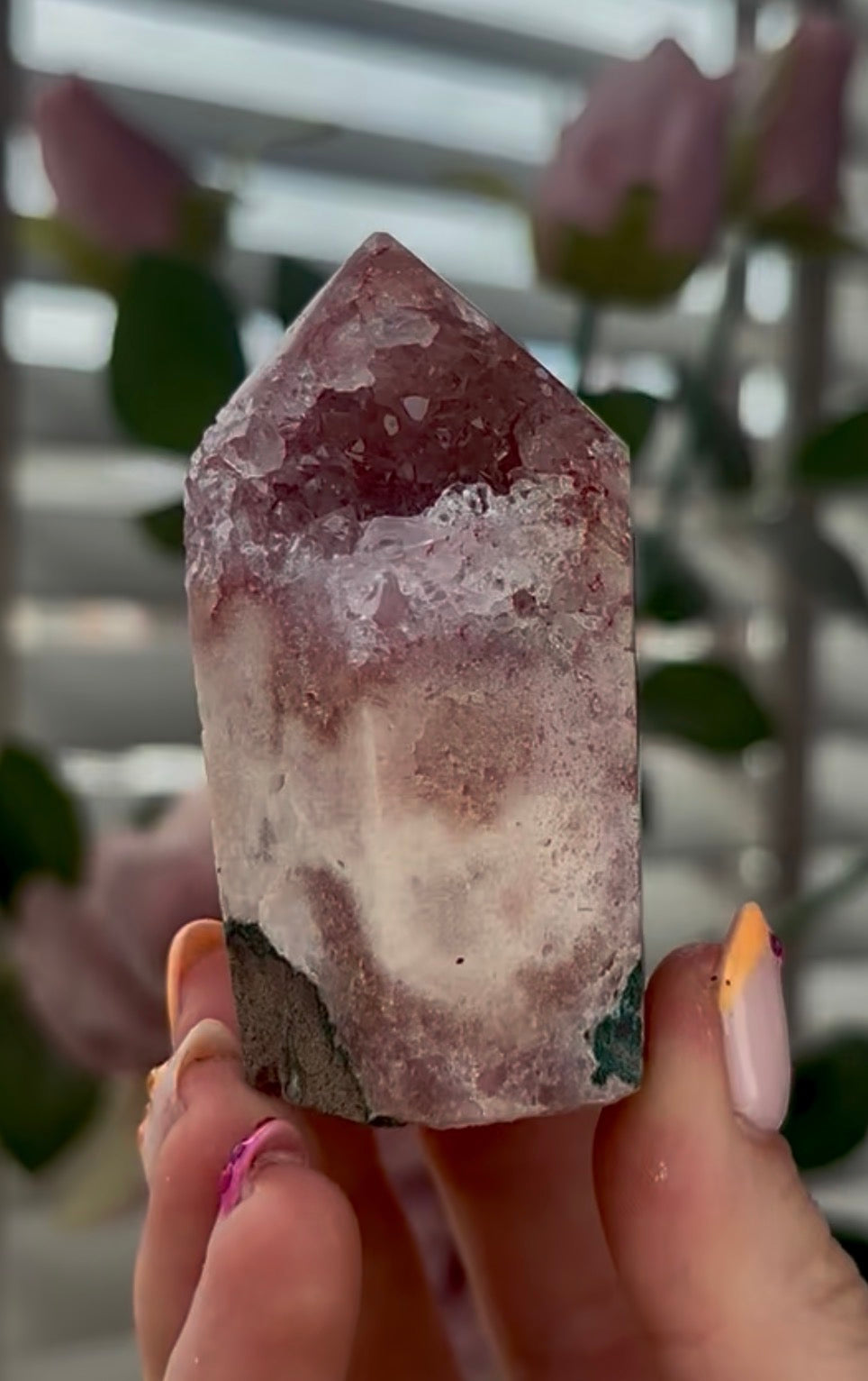 High quality, Pink amethyst tower, with quartz top & Green jasper