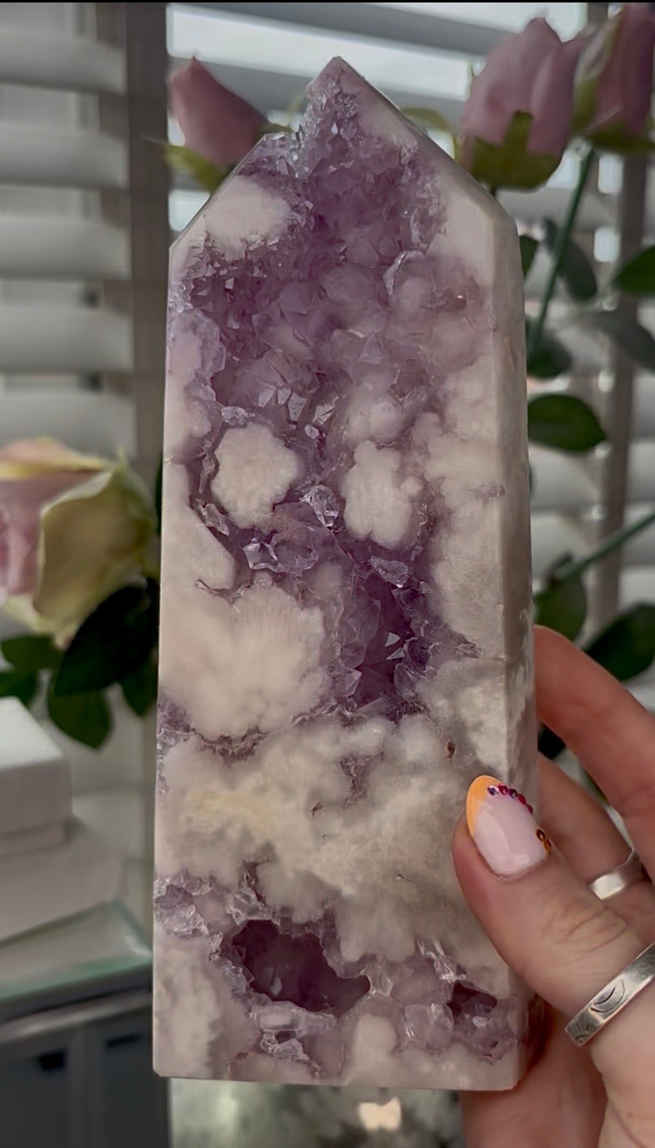Huge, High quality, Pink amethyst tower, with purple quartz druzy