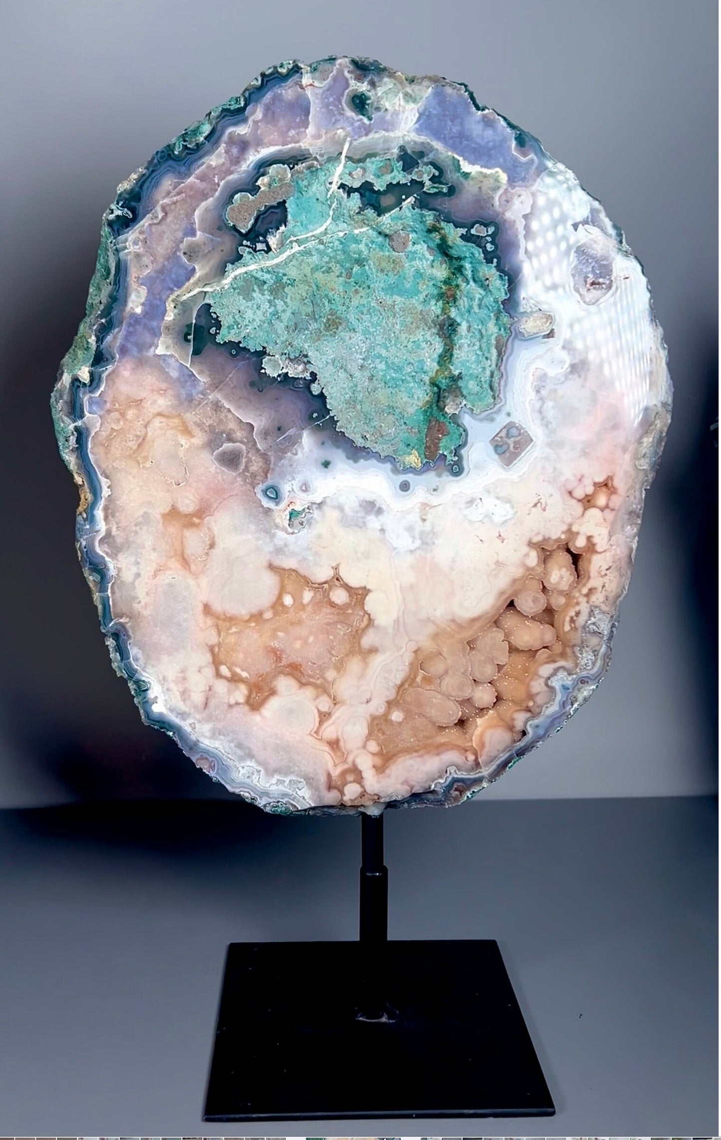 High grade, round pink amethyst slab with green jasper & bubble druzy