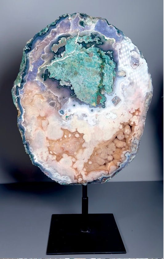 High grade, round pink amethyst slab with green jasper & bubble druzy