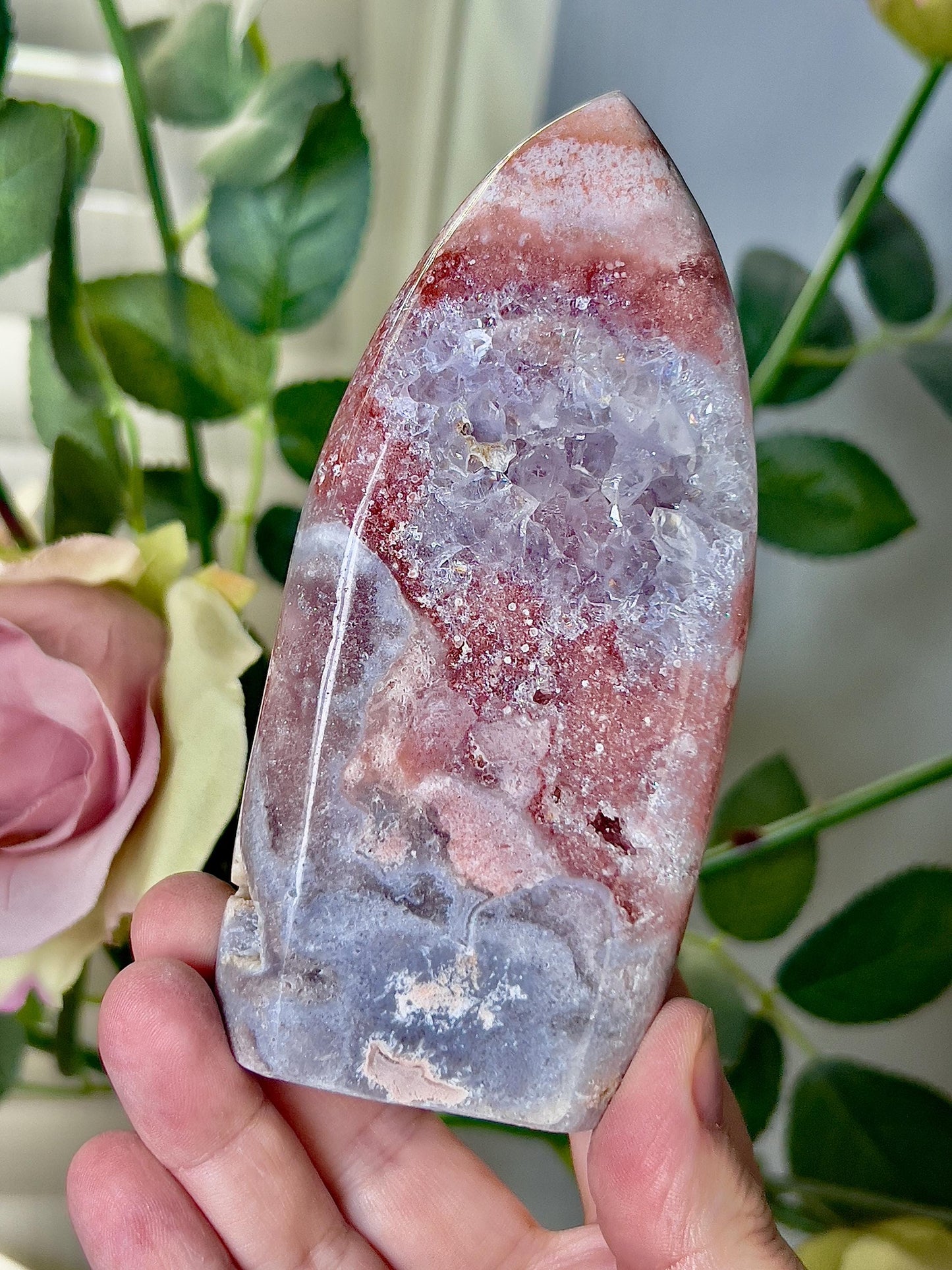 High grade, pink amethyst flame with a red & blue tone and purple quartz druzy