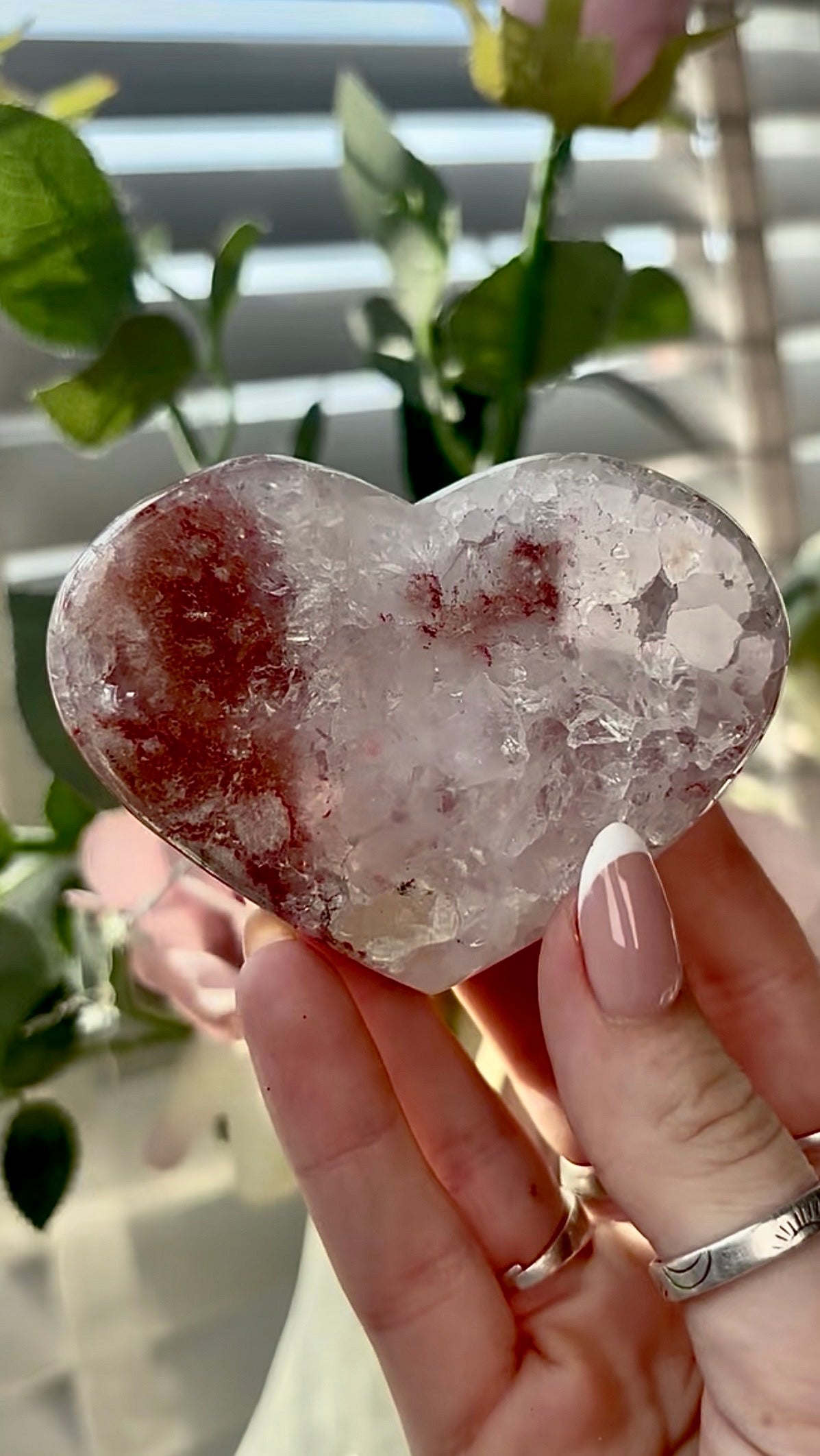 Gorgeous, high quality, berry red & quartz,  pink amethyst heart- comes with stand