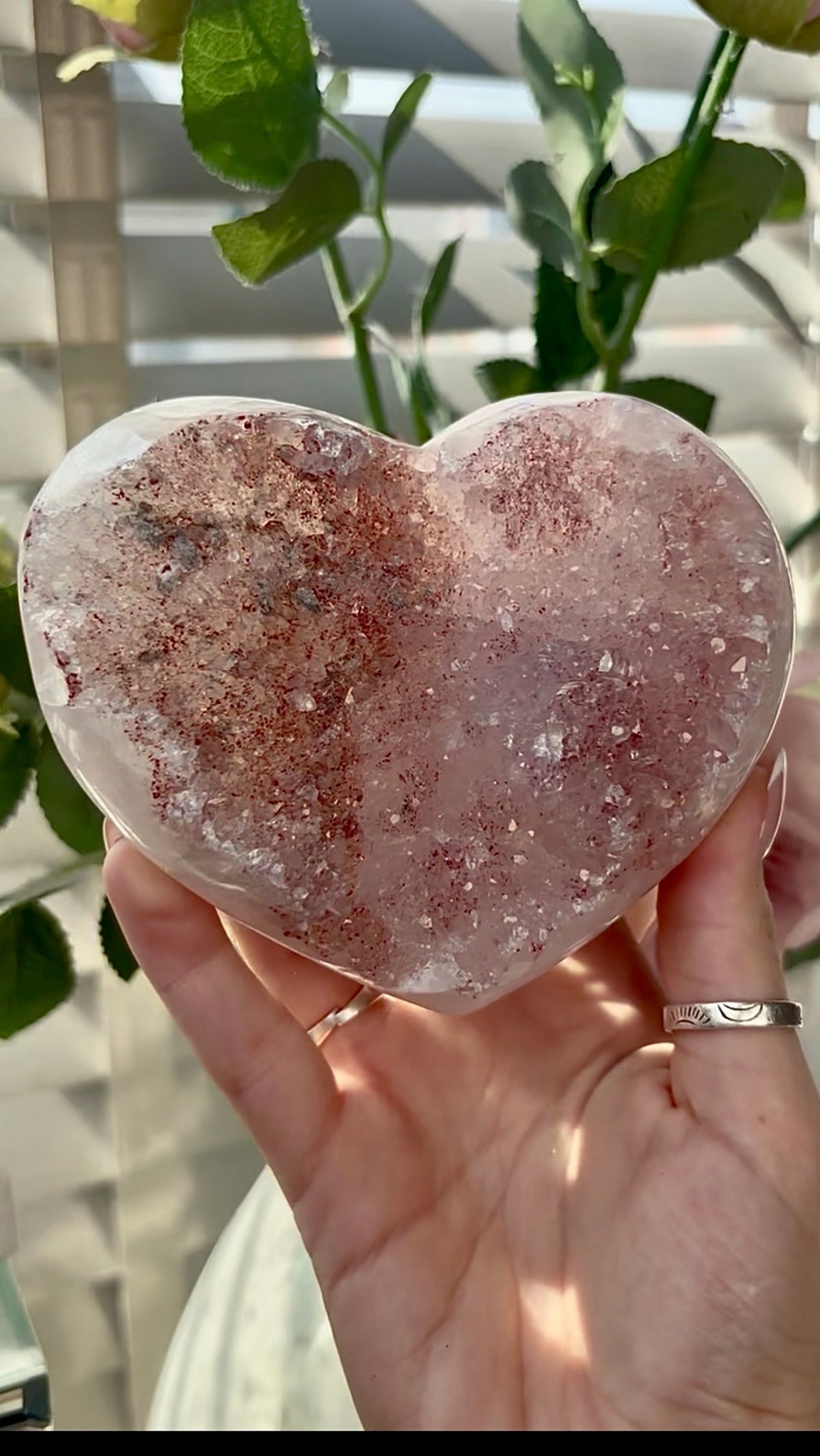 Gorgeous, pink amethyst heart- comes with stand