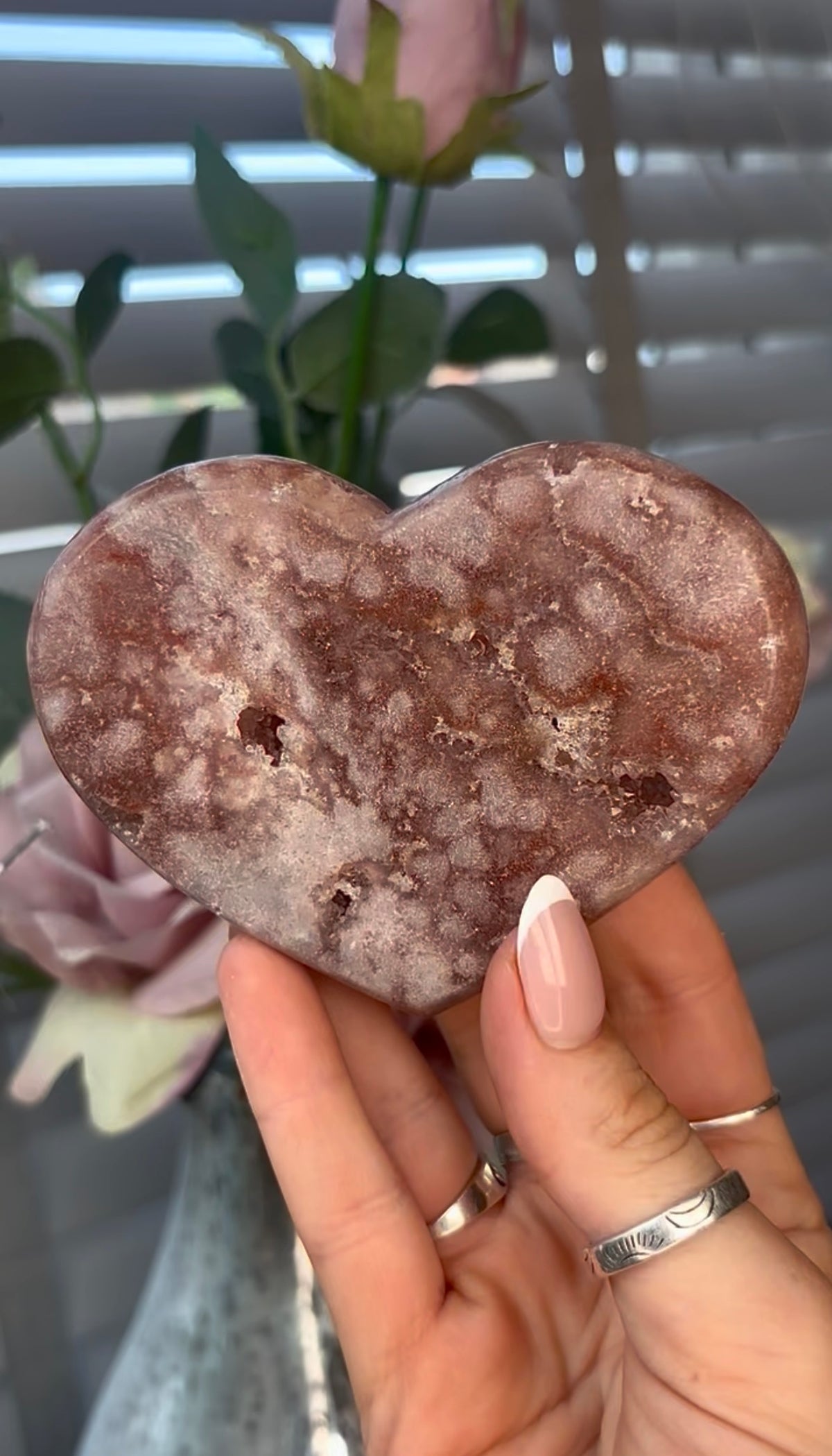 Gorgeous, pink amethyst heart- comes with stand
