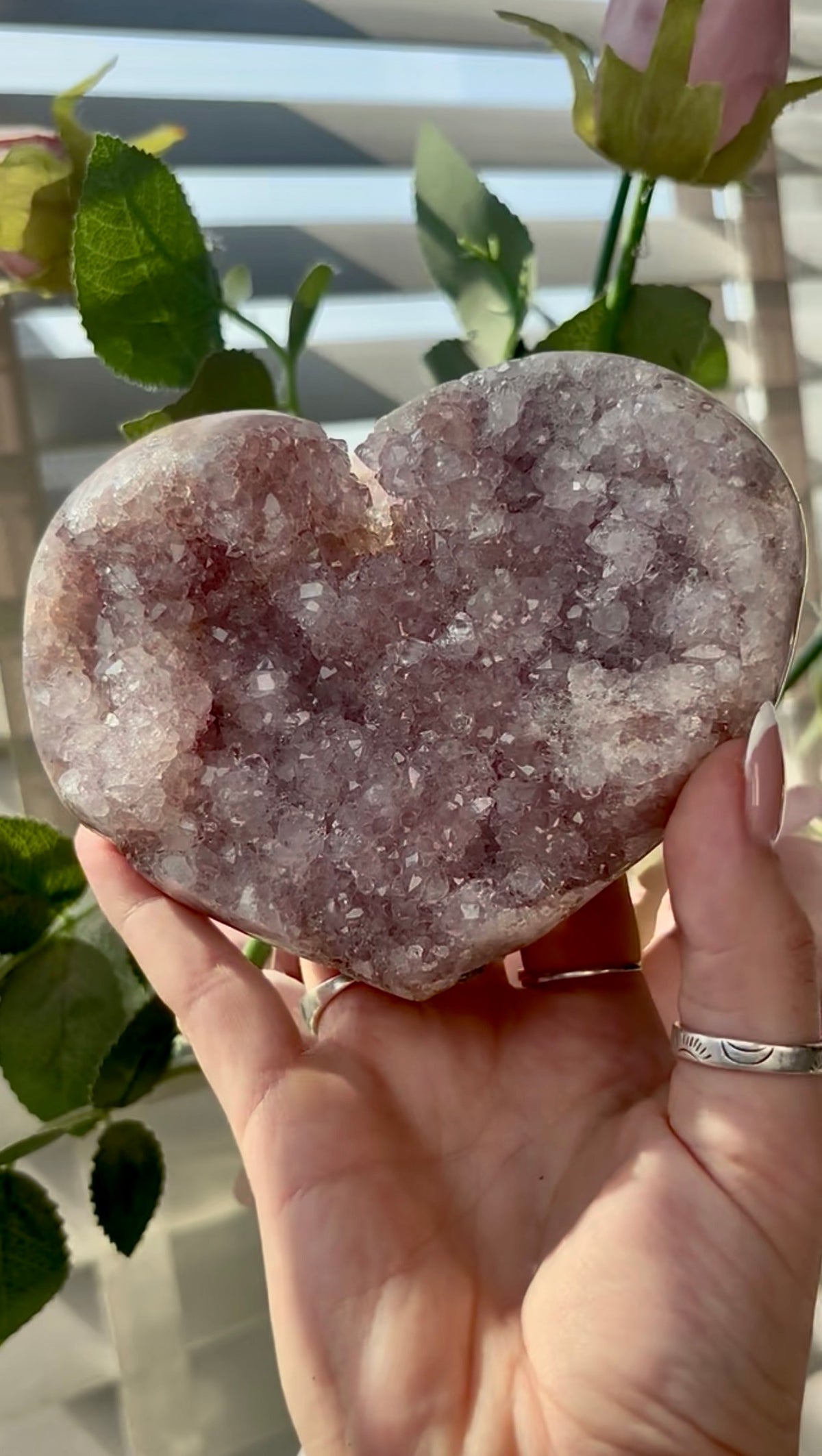 Gorgeous, hq, druzy pink amethyst heart- comes with stand
