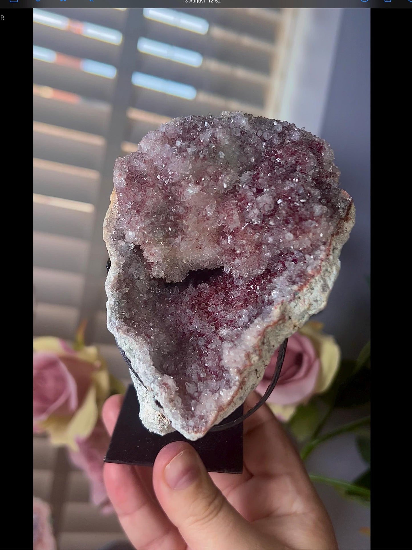 high grade, pink amethyst geode with red and pink toned sugar druzy stand