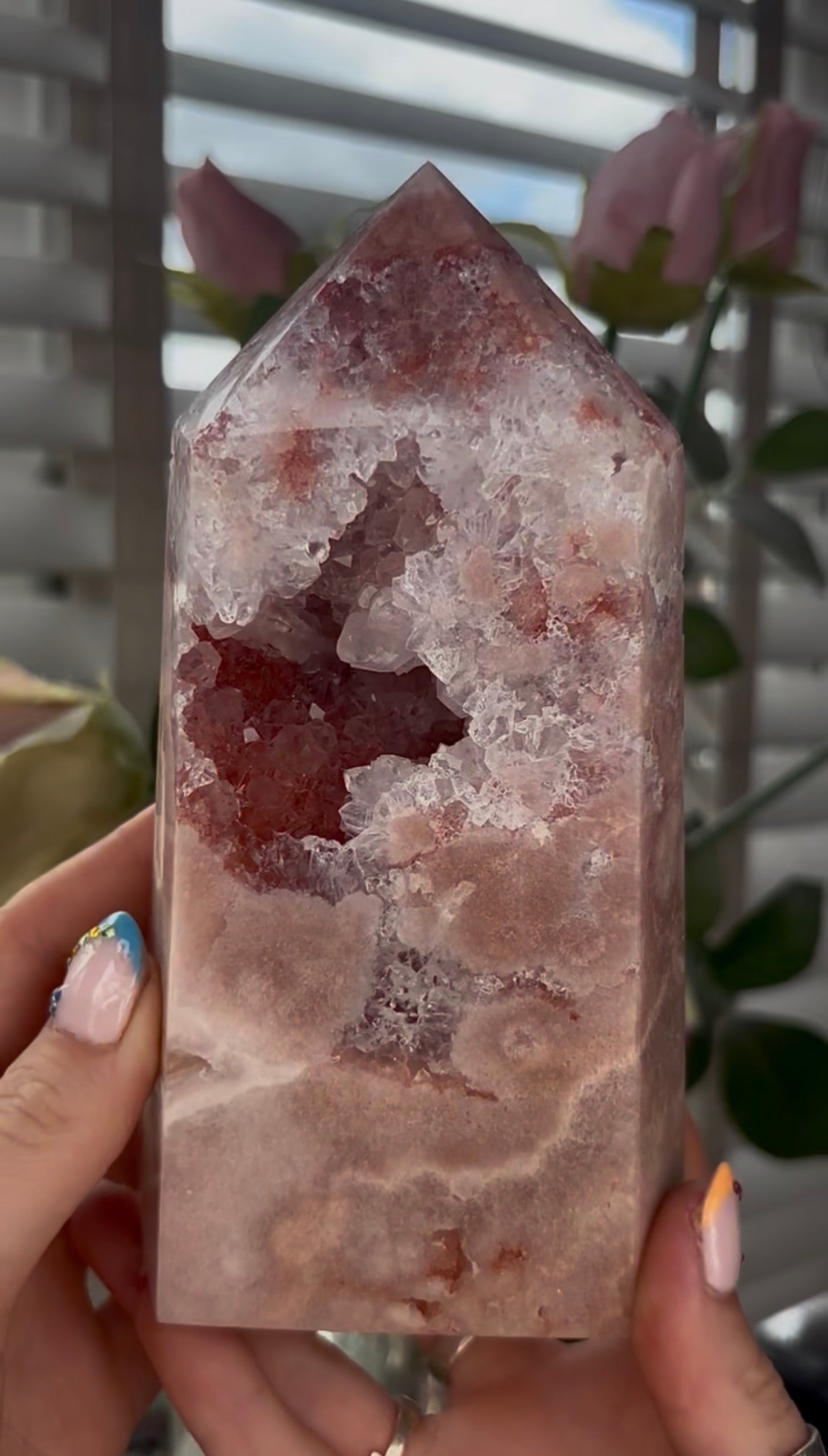 Pretty, large, high quality, Pink amethyst tower in a peach tone with quartz Druze