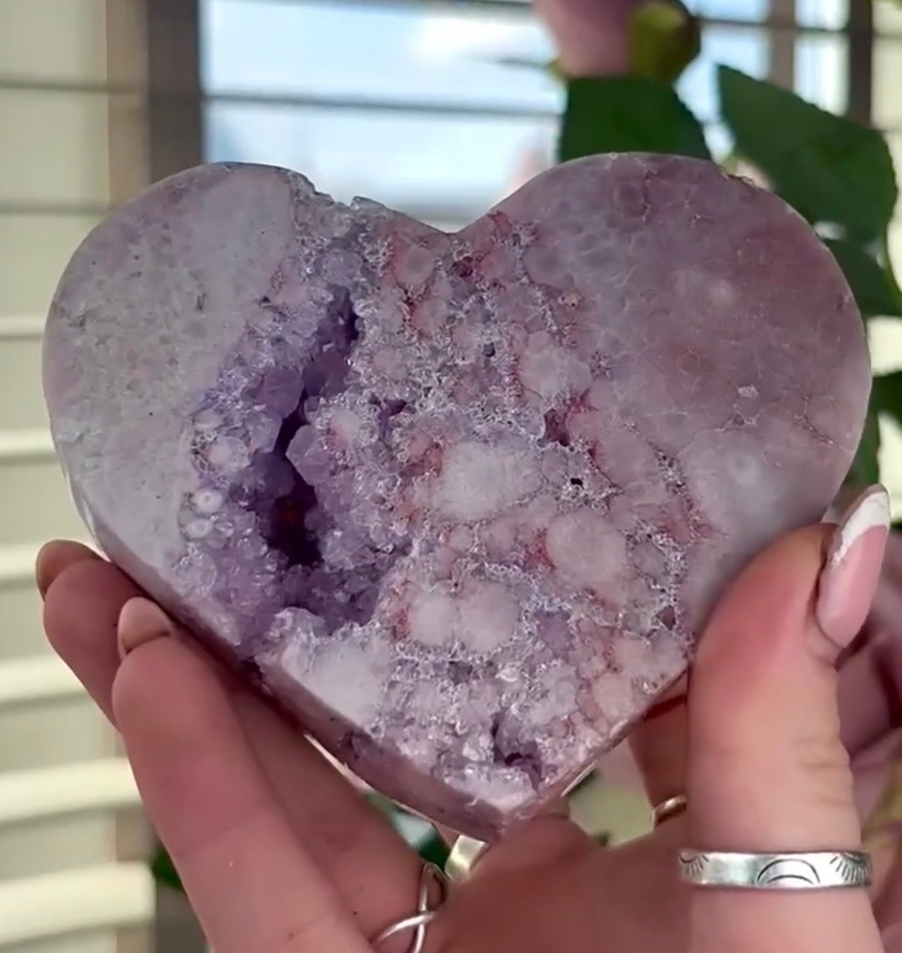 High quality pink amethyst heart with quartz - comes with stand