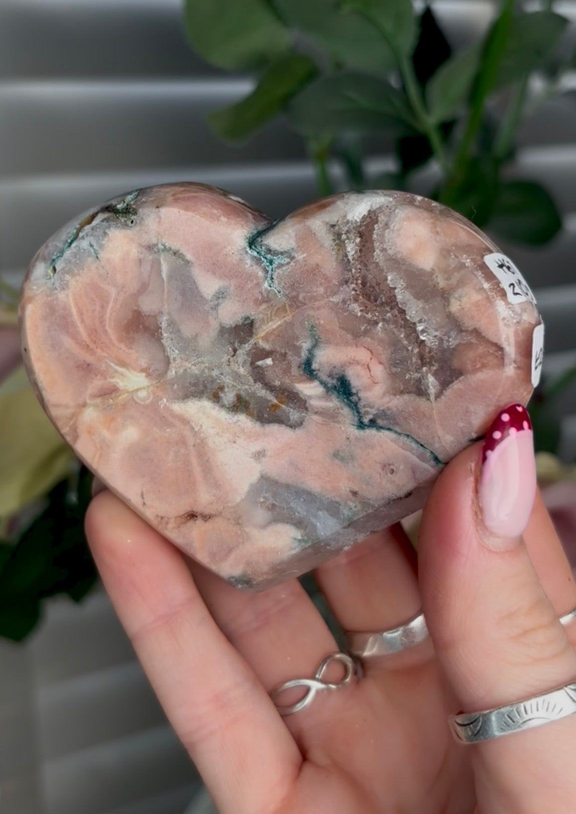 Gorgeous pink amethyst & jasper heart in peach tones  - comes with stand