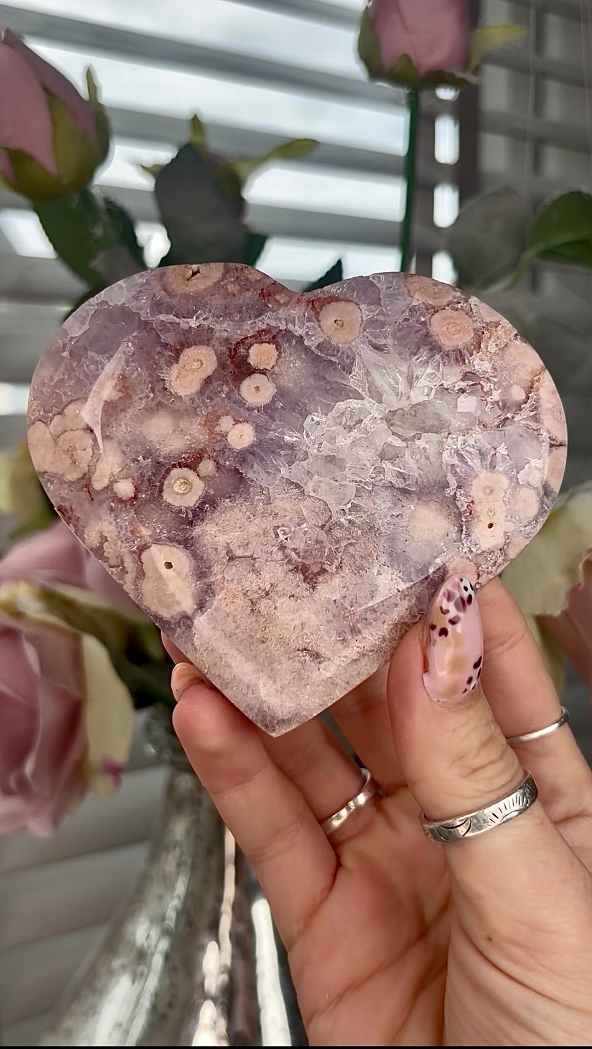 High grade, Amethyst Flower agate heart with stand