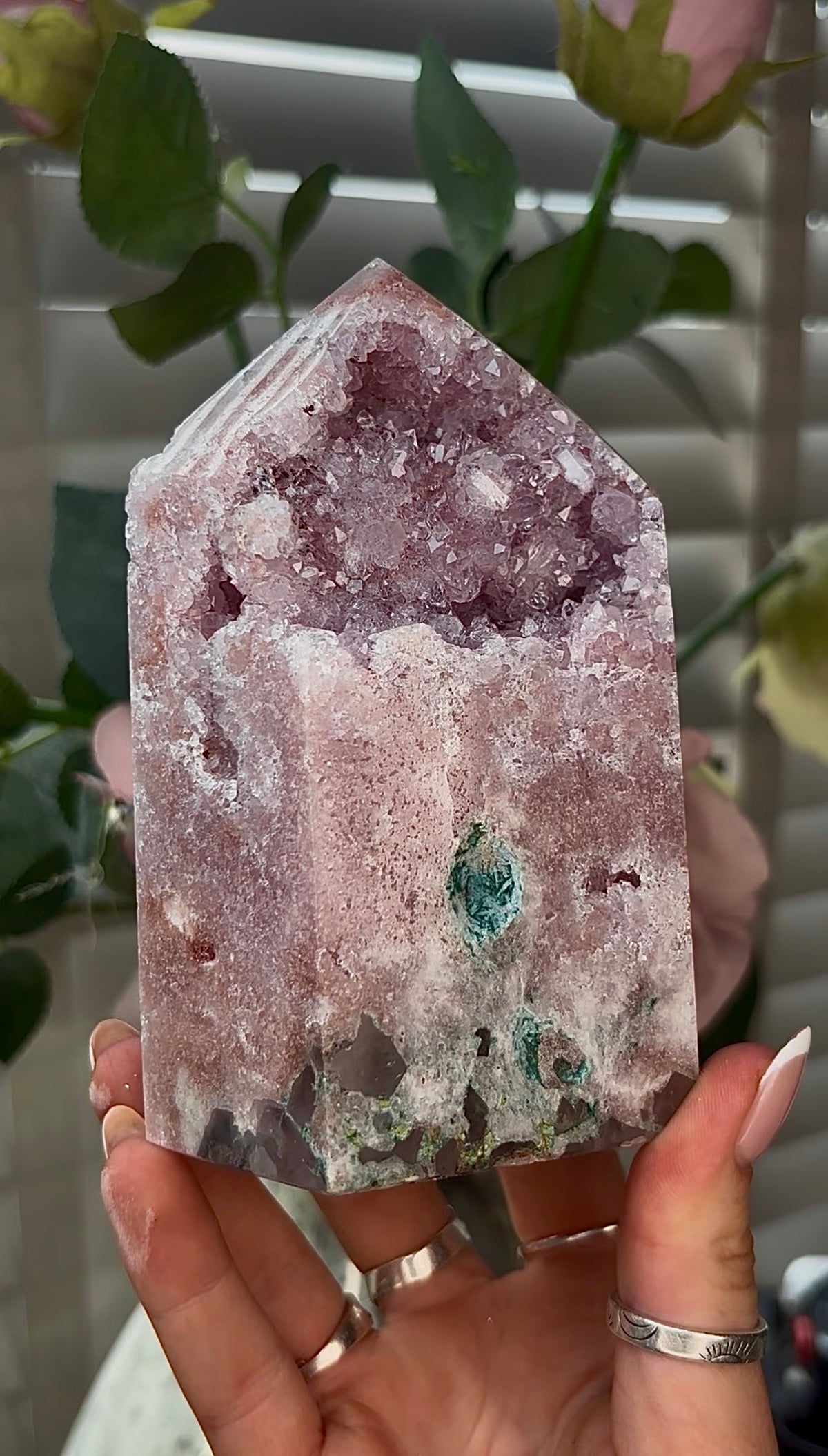 Beautiful, hq, druzy, chunky Pink amethyst tower 12.7cm(h) by 8.2cm(w)