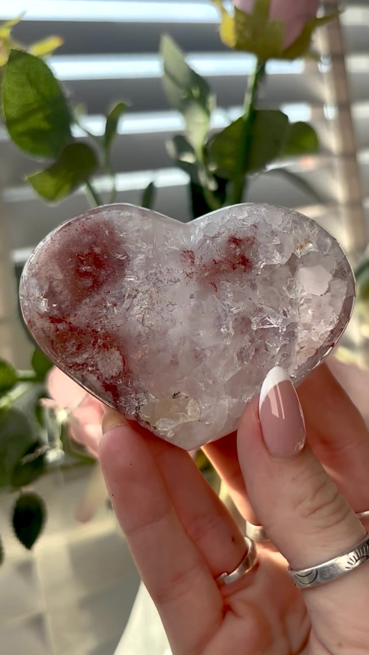 Gorgeous, high quality, berry red & quartz,  pink amethyst heart- comes with stand