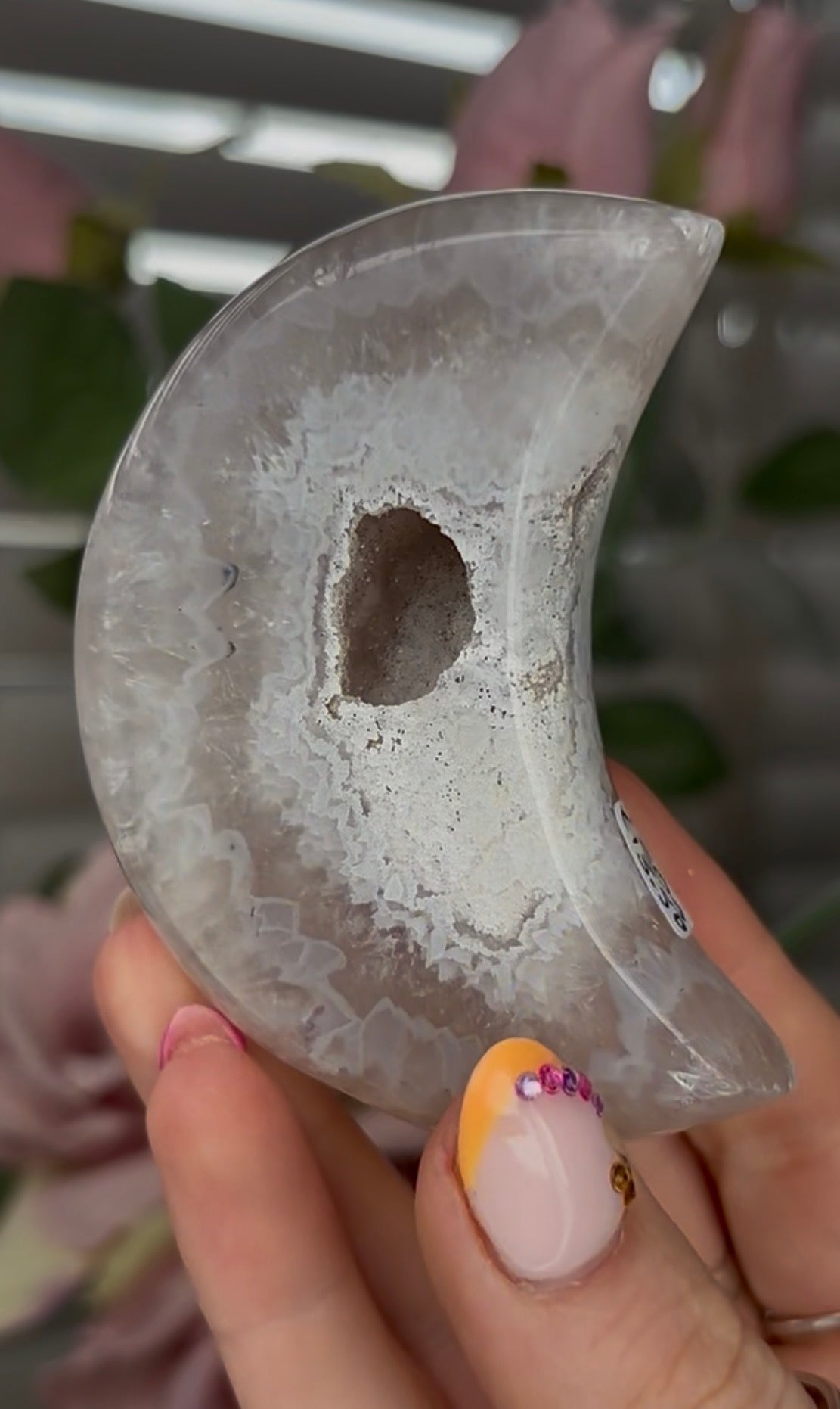 Beautiful, agate moon with druzy - comes with stand