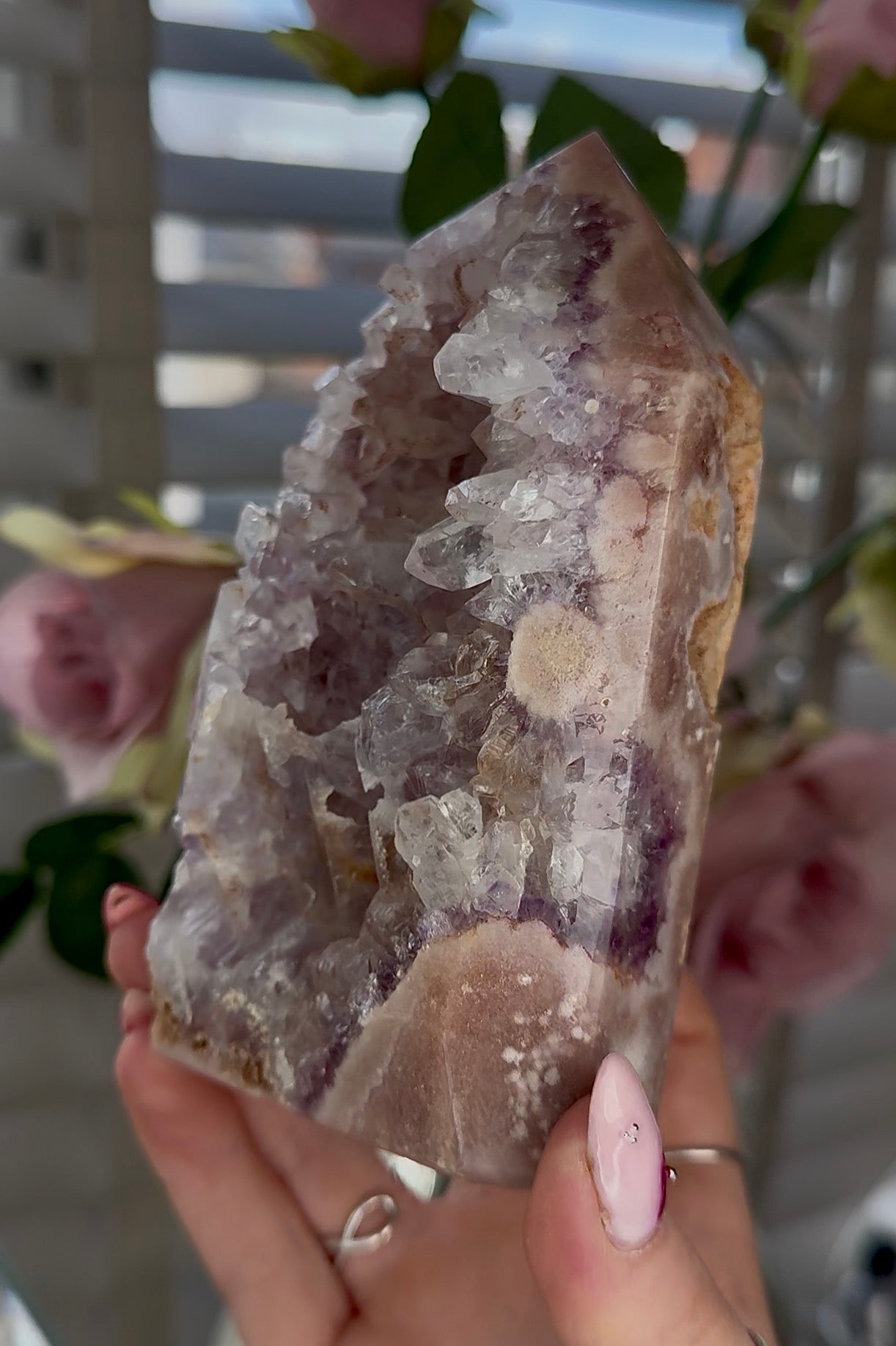Pink amethyst tower with quartz 14cm(h) 7cm(w)
