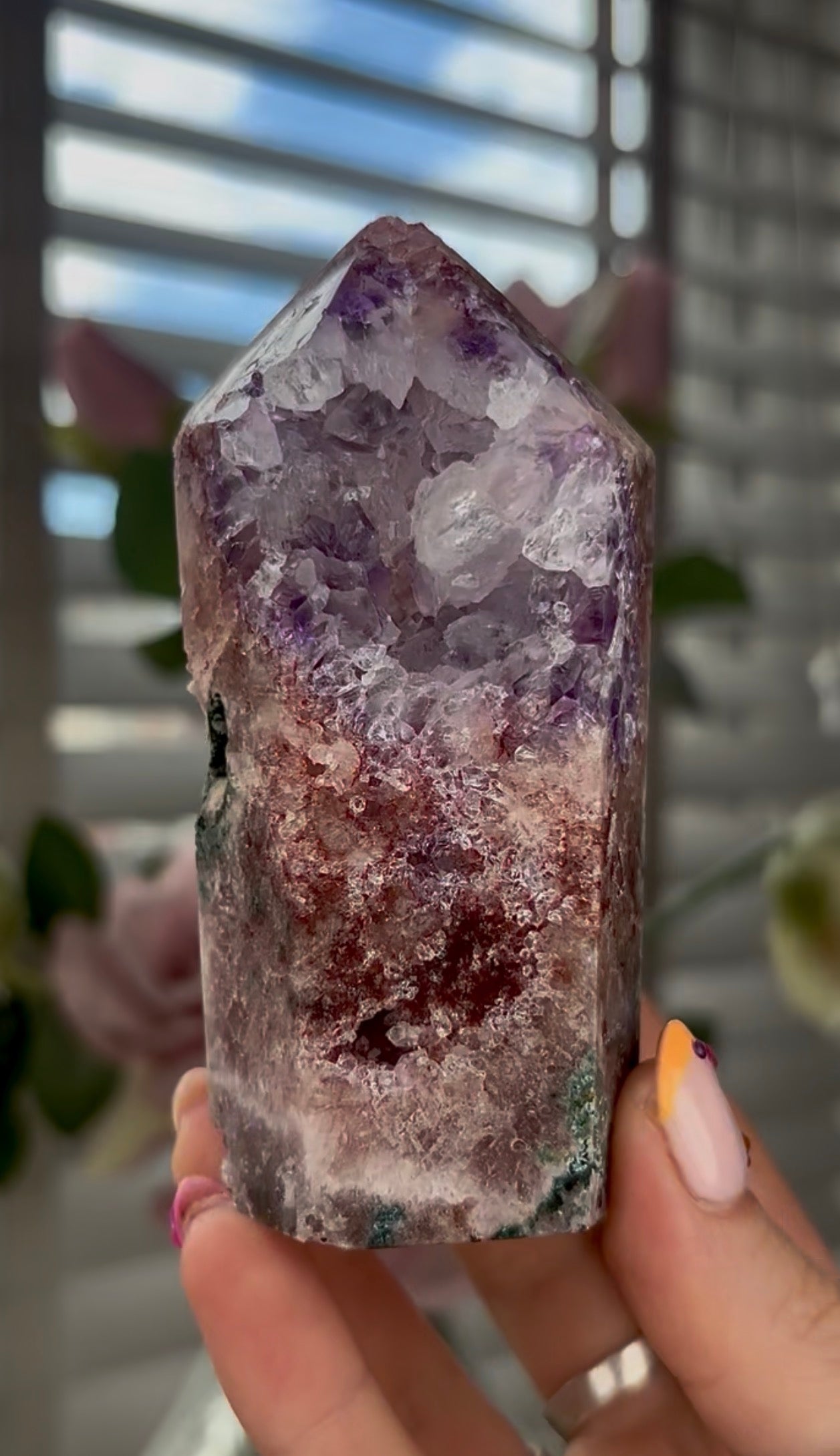 Beautiful, high quality, Pink amethyst tower with purple & quartz druzy with green jasper