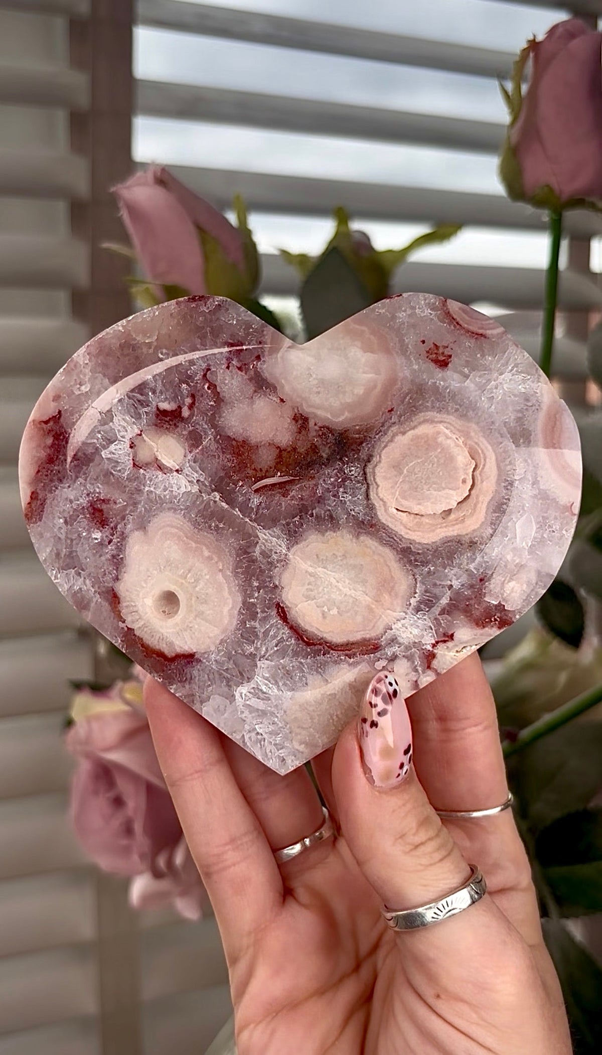 High grade, amethyst Flower agate heart with high clarity quartz
