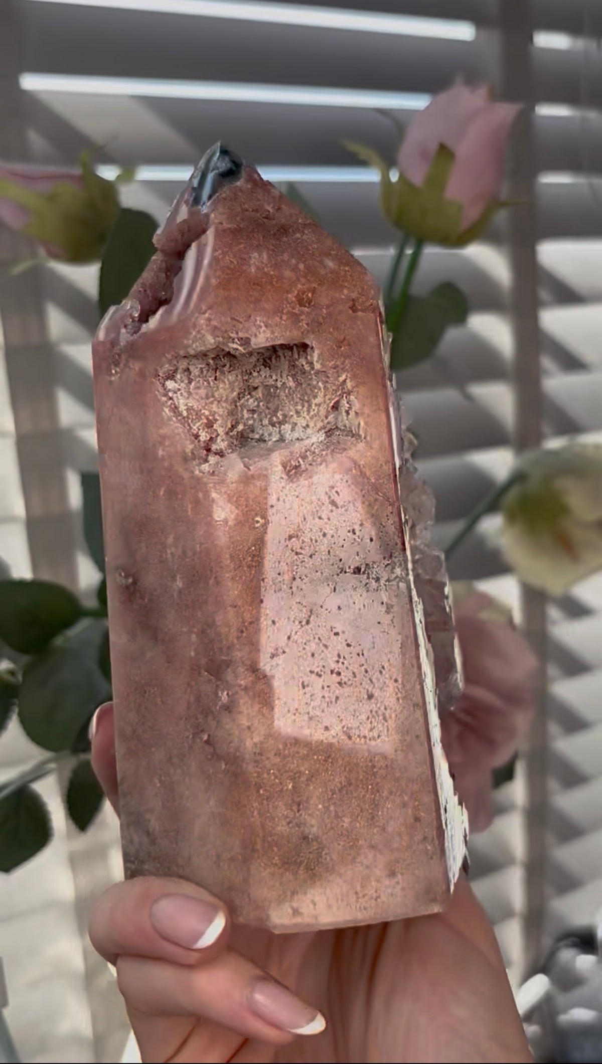 Beautiful, huge, chunky Pink amethyst tower with quartz teeth 16.5cm(h) by 9.4cm(w)