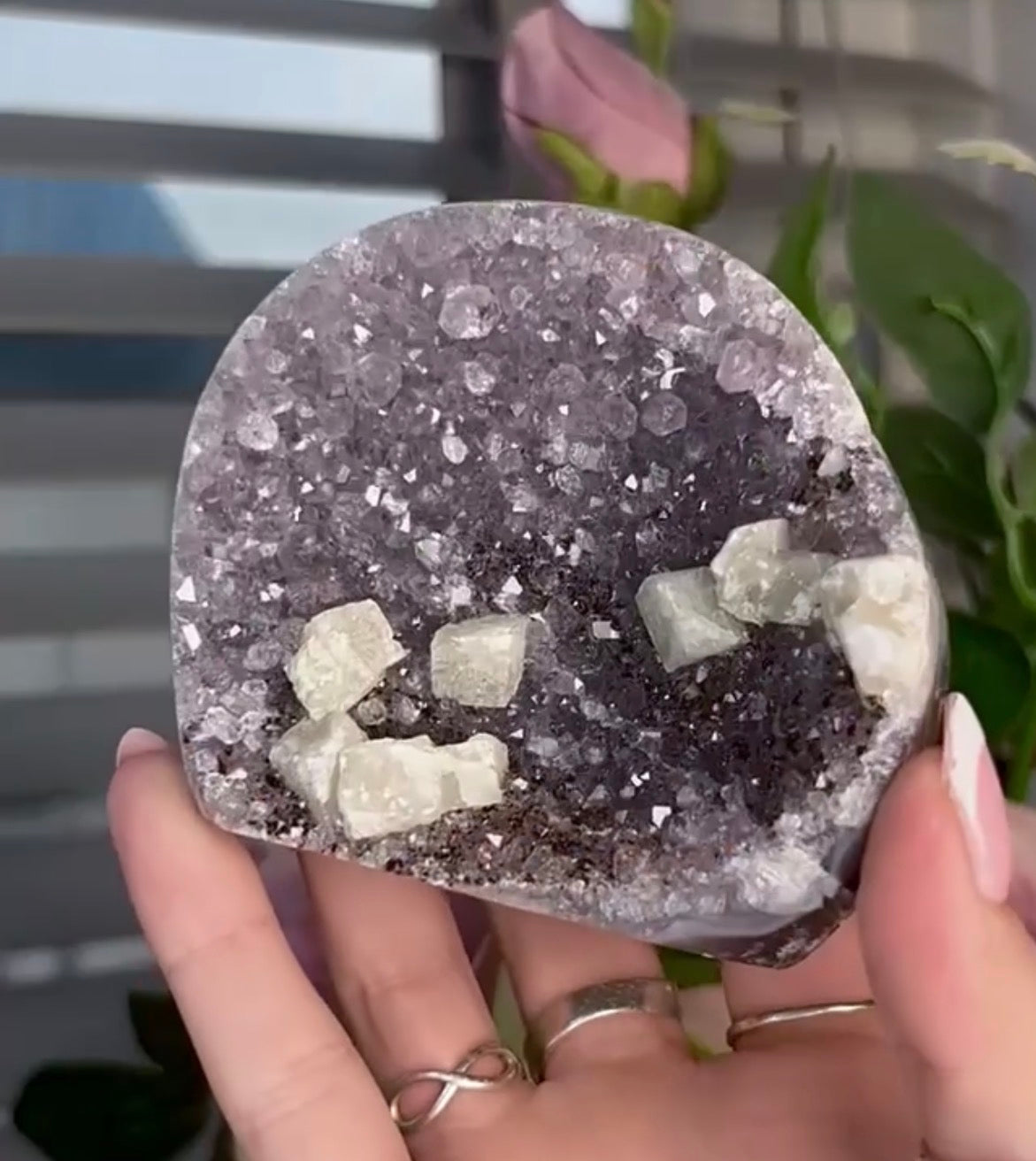 amethyst cutbase with cubic calcite