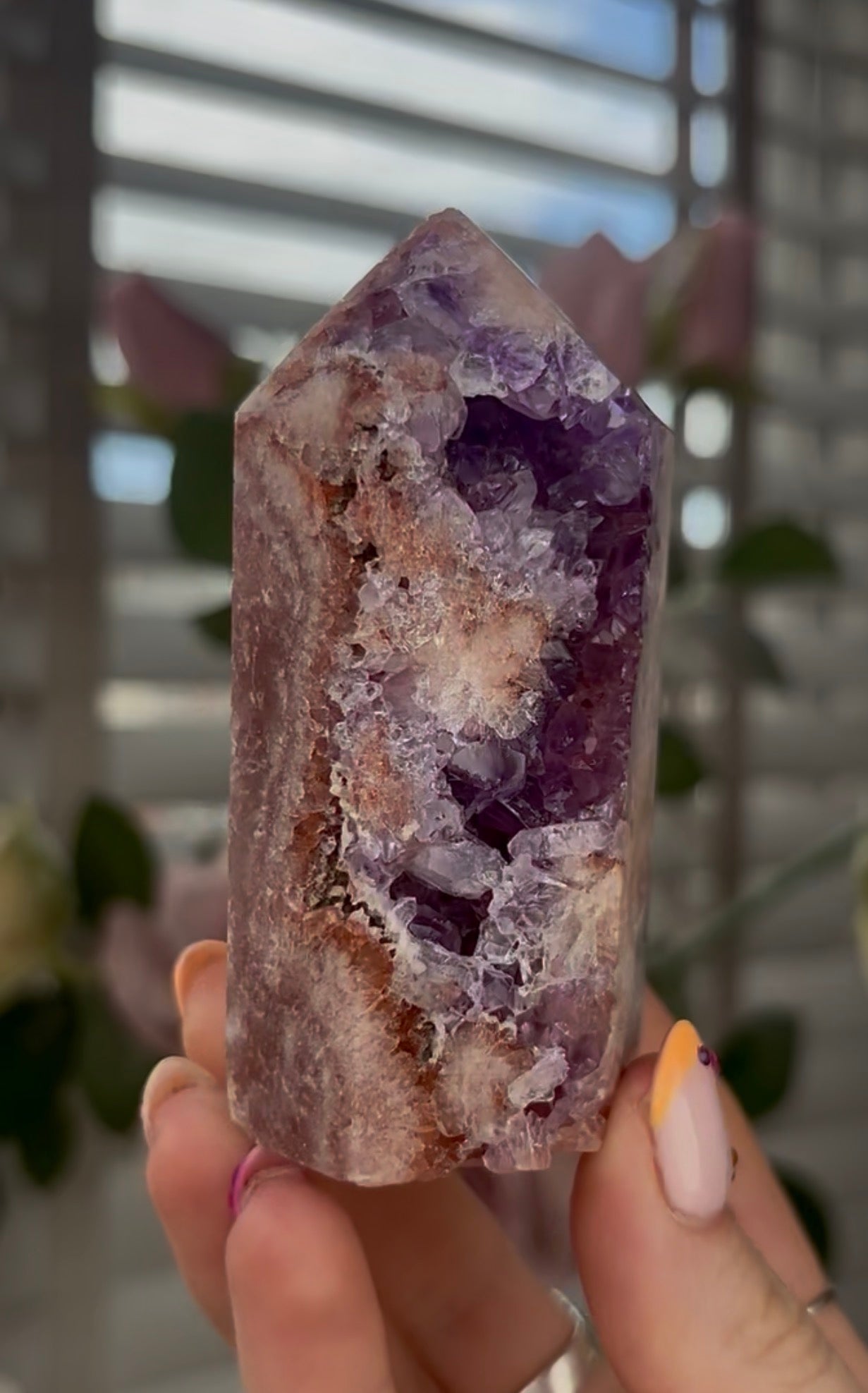 Beautiful, high quality, Pink amethyst tower with purple quartz