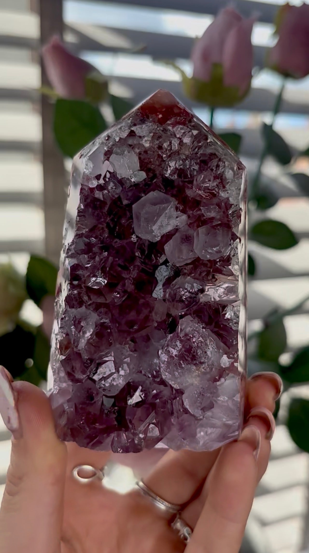 Beautiful, high quality, Pink amethyst tower with purple quartz & green jasper