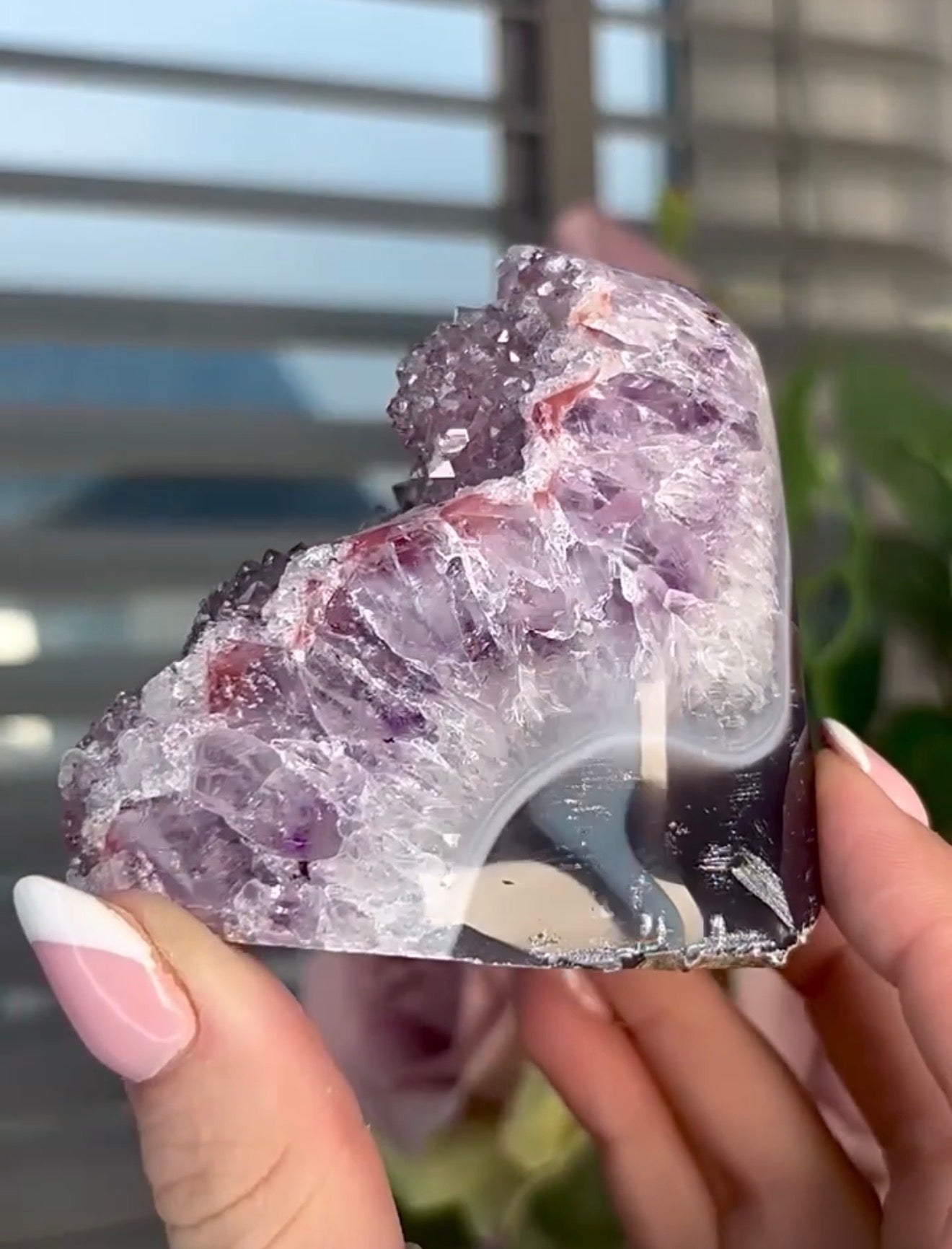 Light Pink rainbow amethyst on a purple & blue agate base