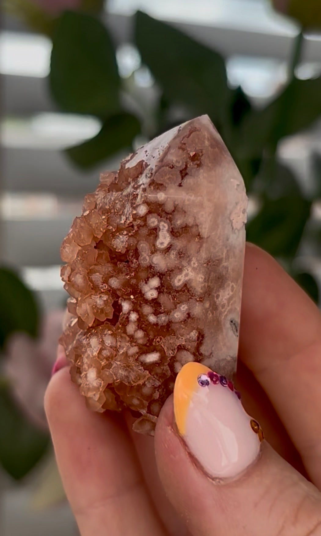 Mini, Pink amethyst tower in burnt orange tones with chewing gum druzy