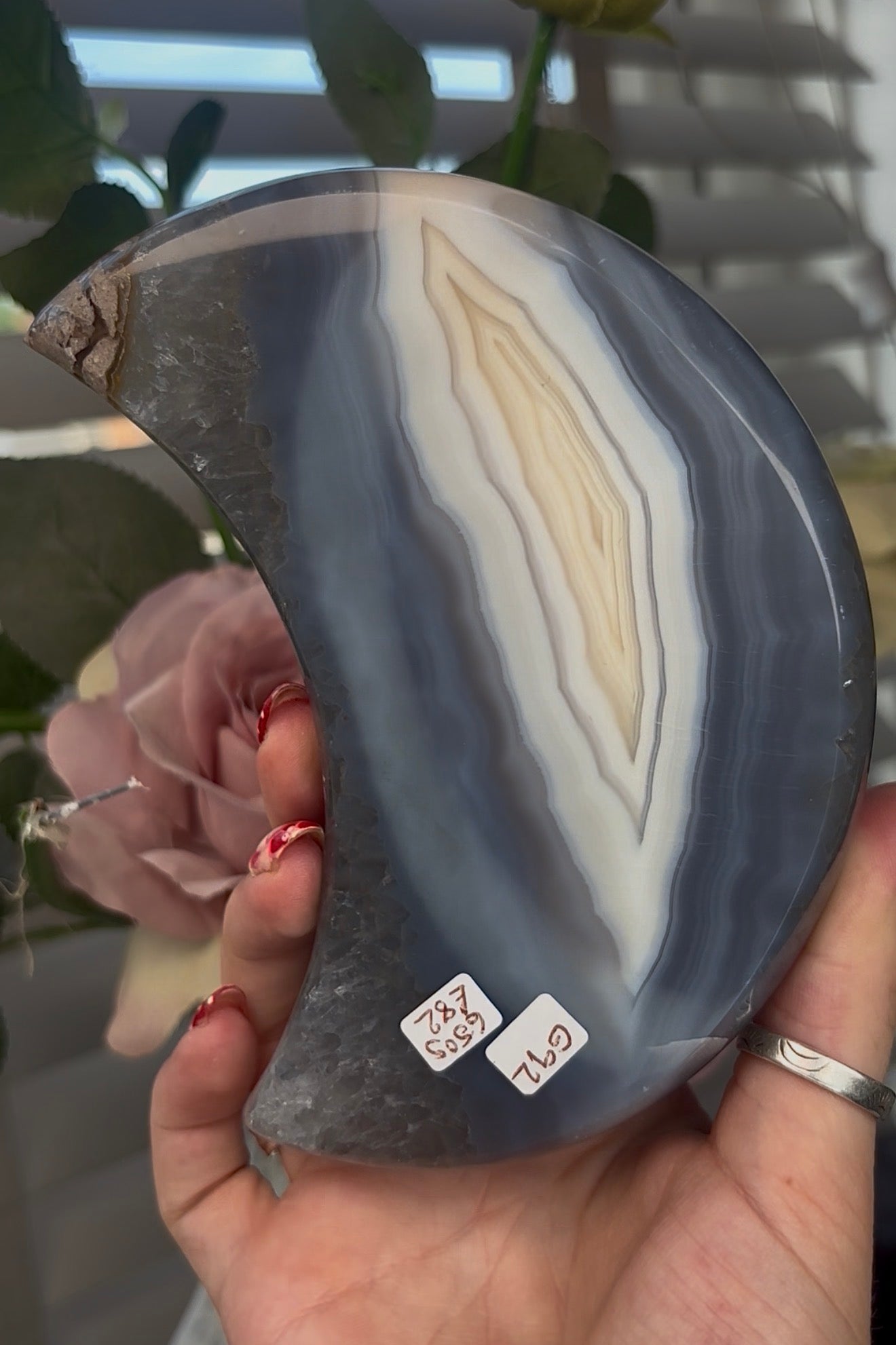 Beautiful, high quality, blue and lemon agate moon with druzy - stand included