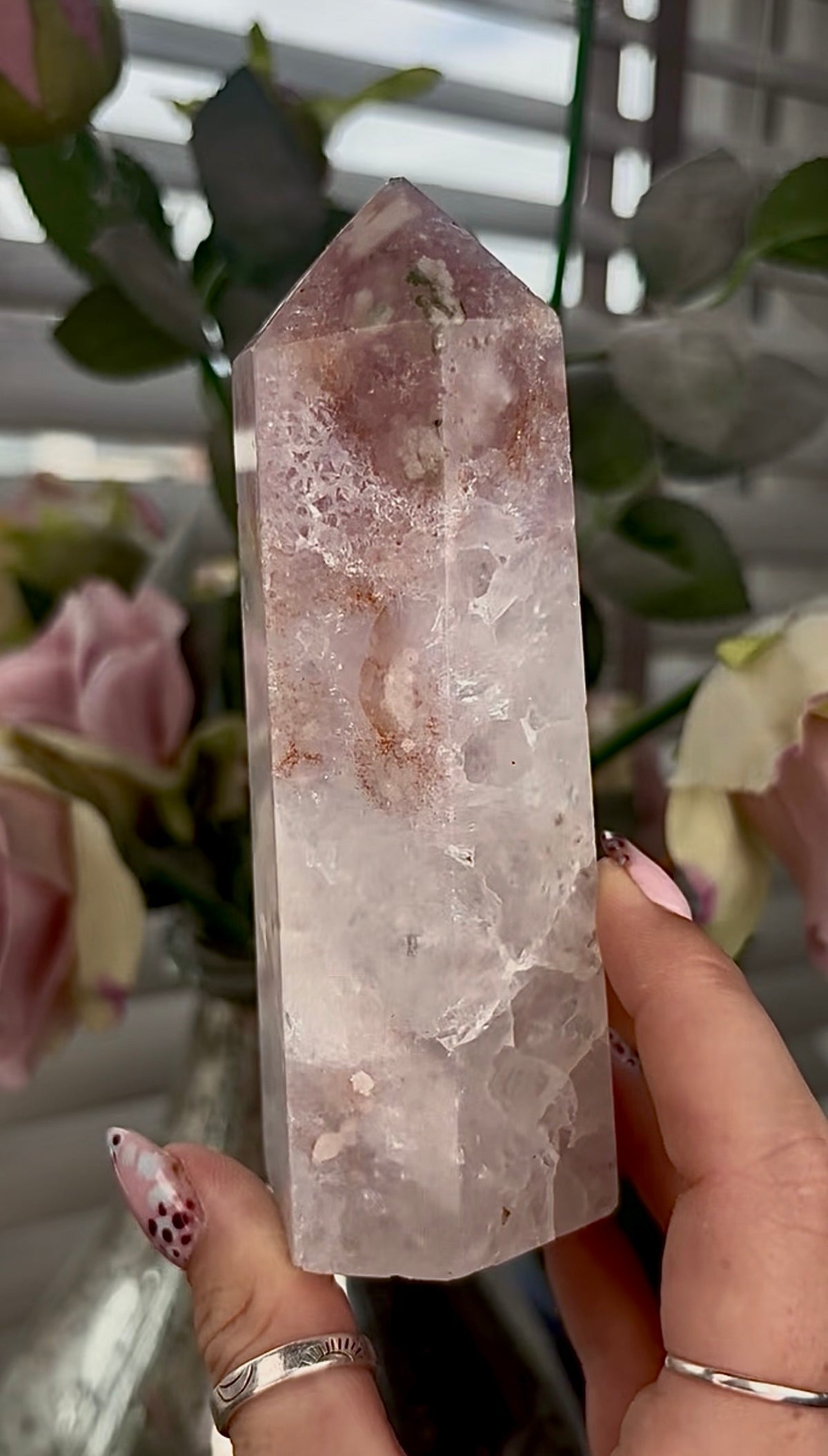 High grade, pink Flower agate tower with high clarity quartz