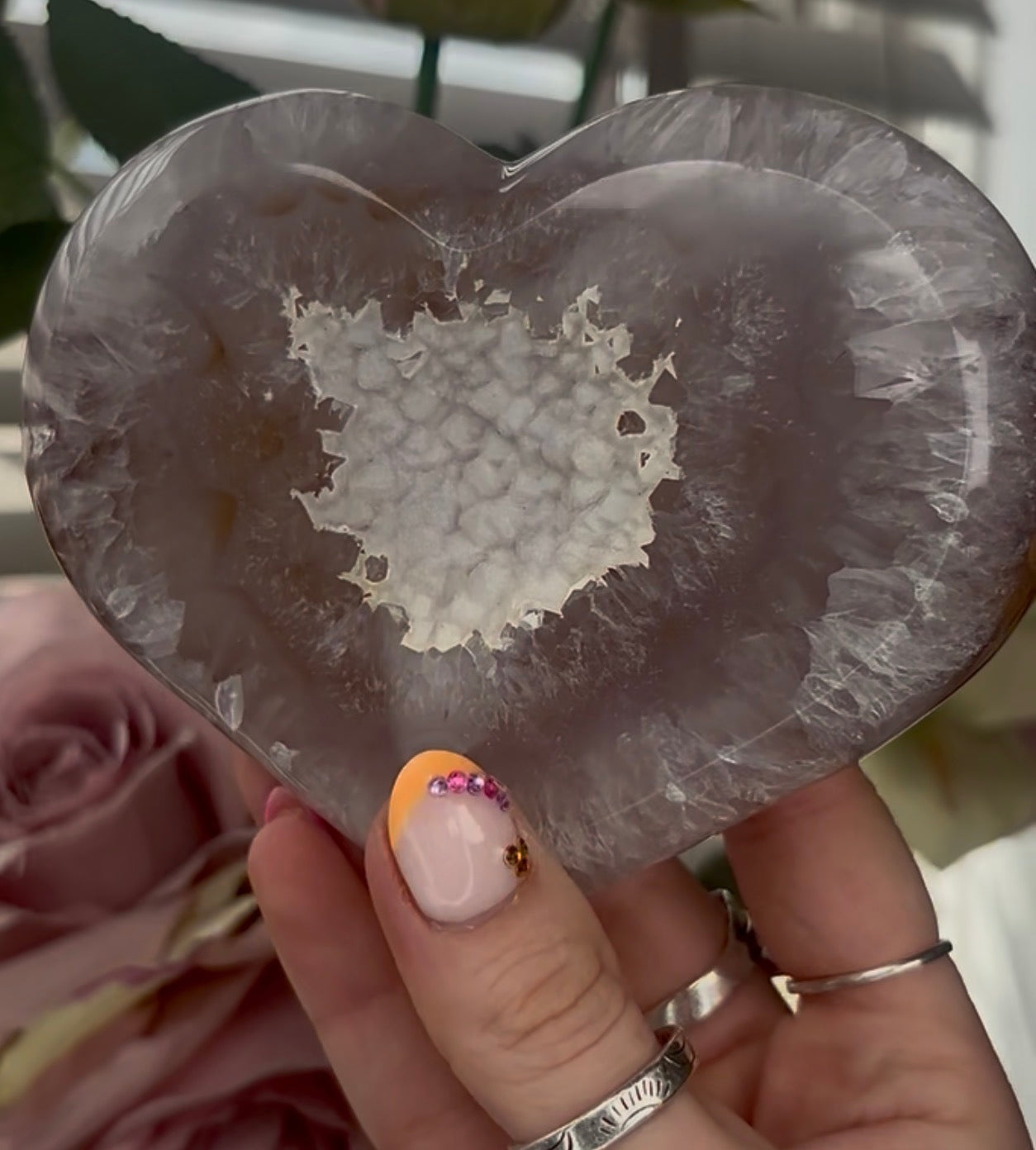 Beautiful, high quality, agate heart with druzy - stand included