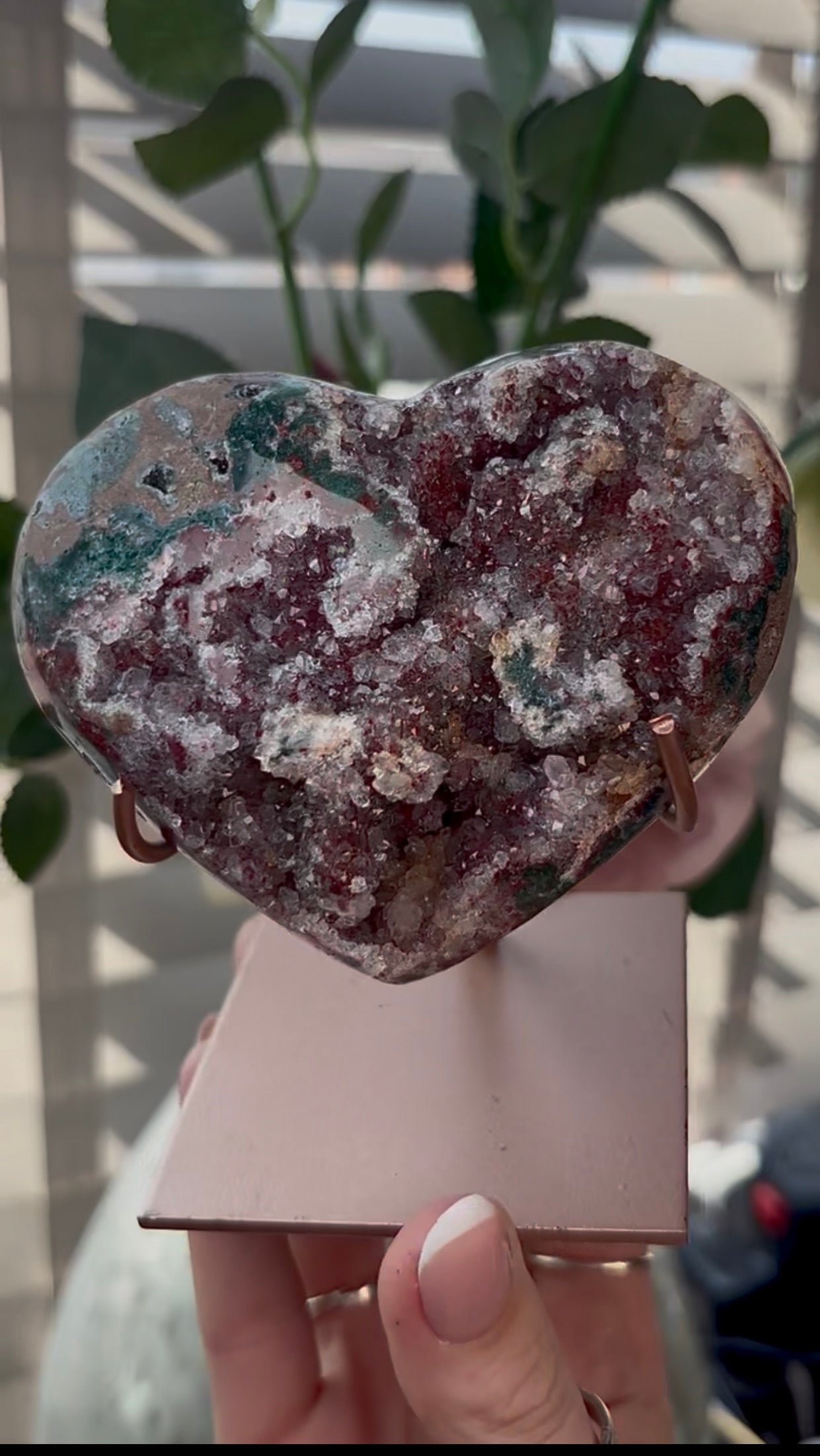 Gorgeous, high quality, pink amethyst heart with Jasper - comes with stand