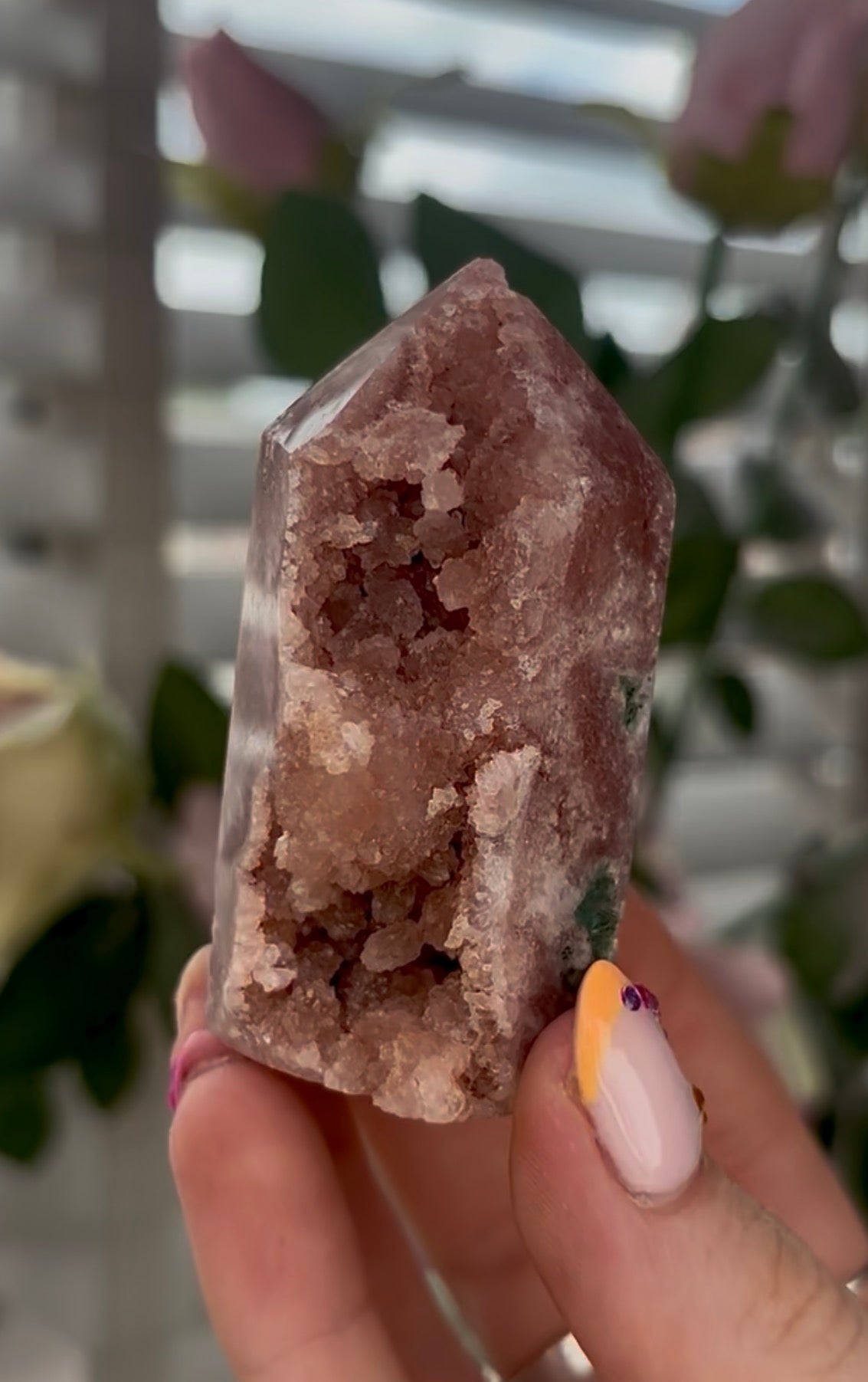 Small, Pink amethyst tower with druzy