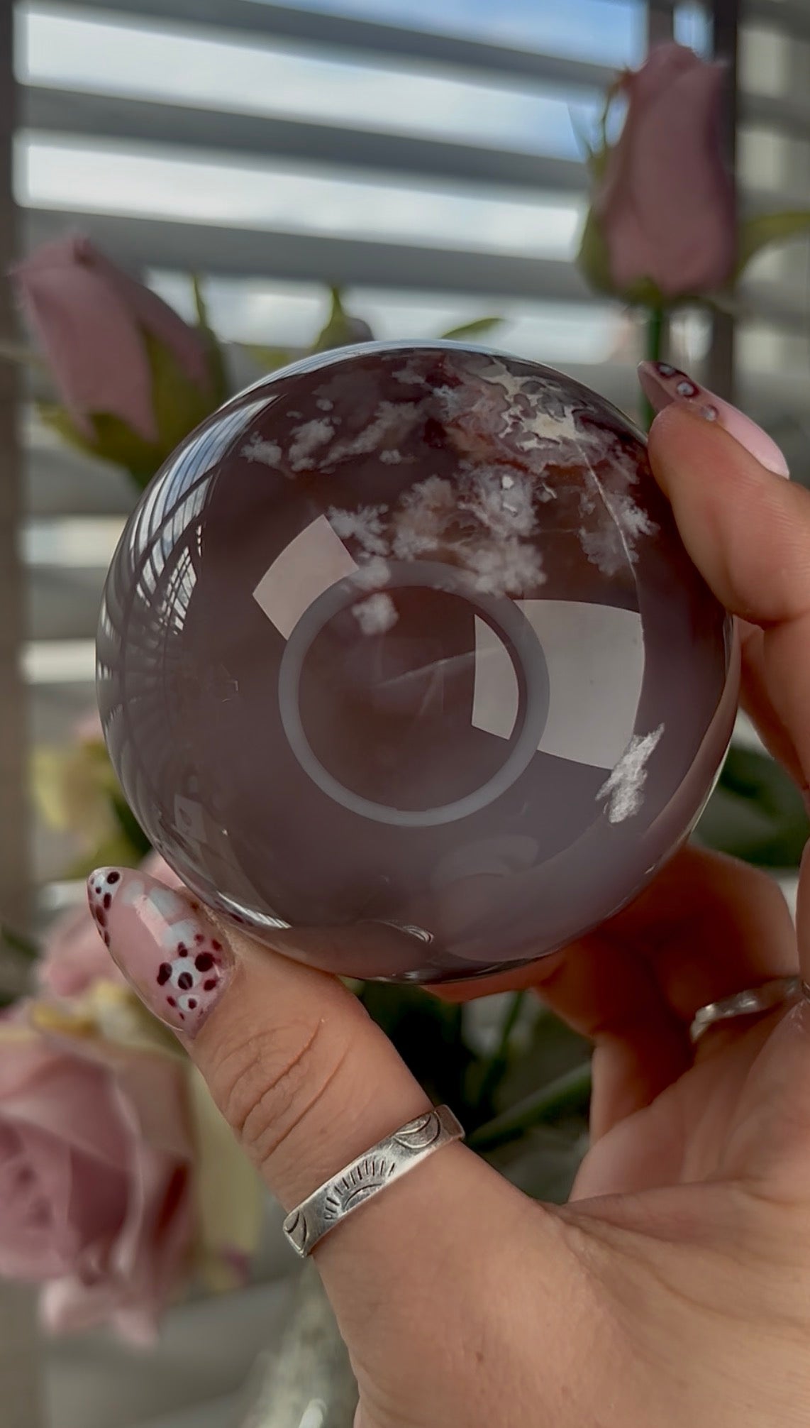 High grade, amethyst Flower agate sphere with high clarity quartz