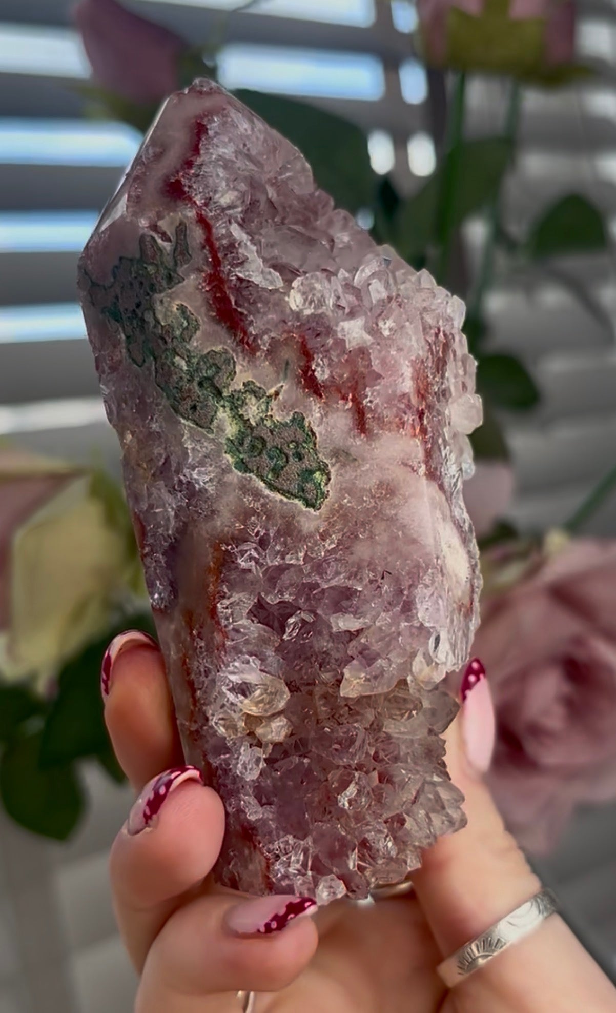Pink amethyst tower with jasper and quartz