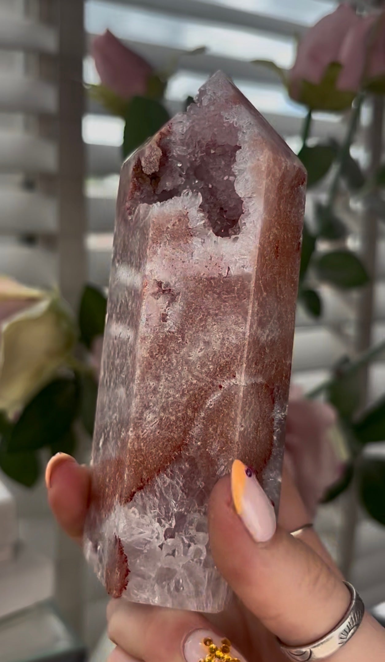 Pretty, Pink amethyst tower with quartz druzy