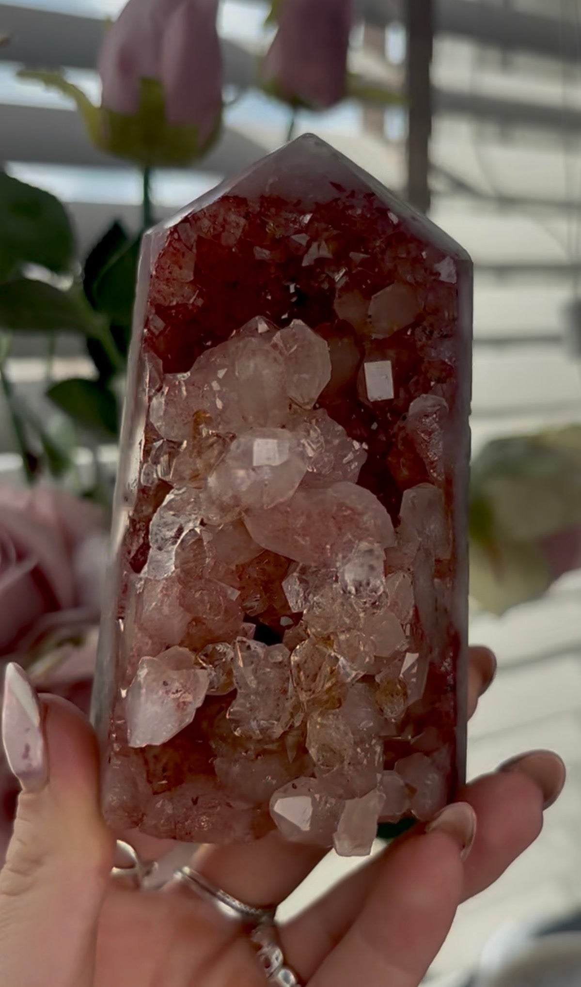 Beautiful, high quality, Pink amethyst tower in burnt orange/red tones with chewing gum druzy