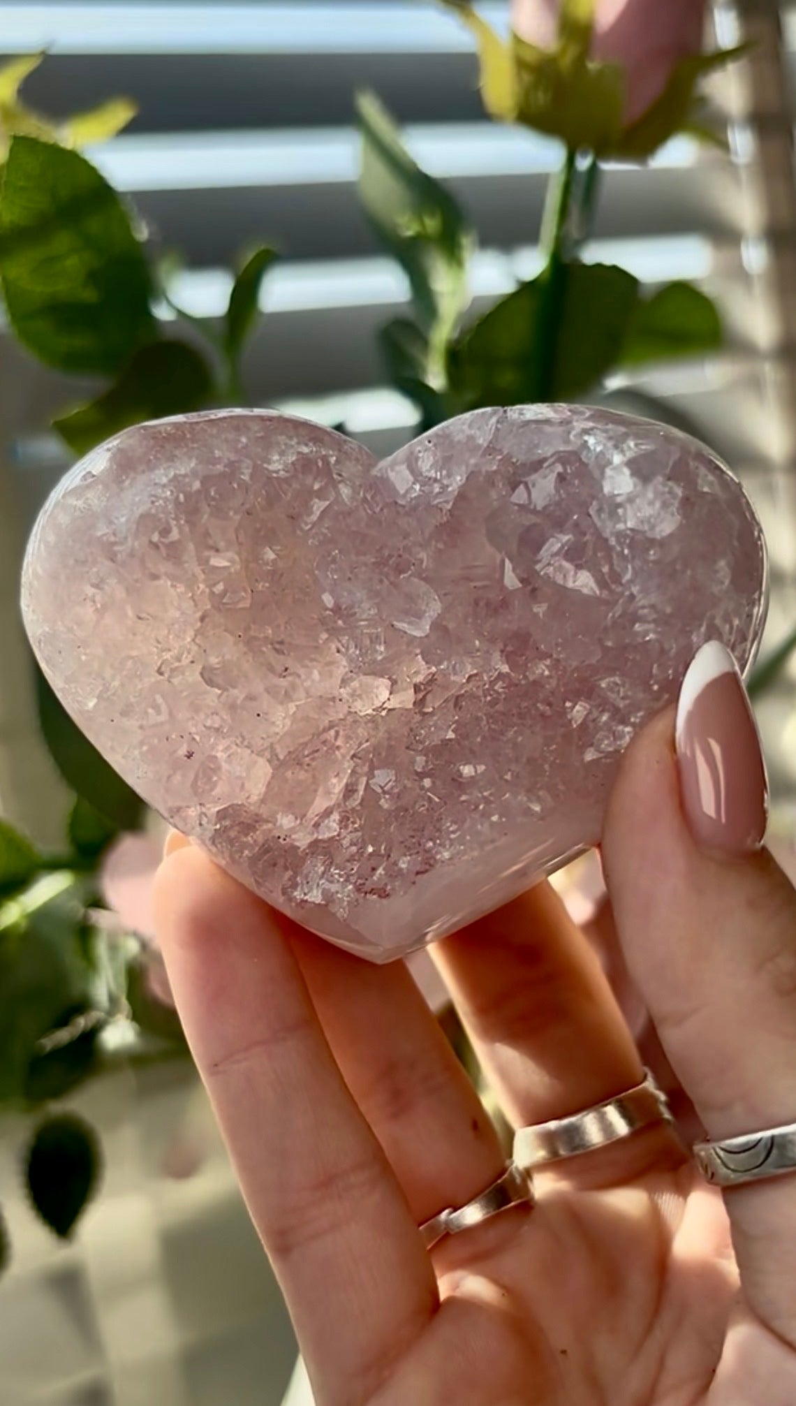 Gorgeous, high quality, pink amethyst quartz heart- comes with stand